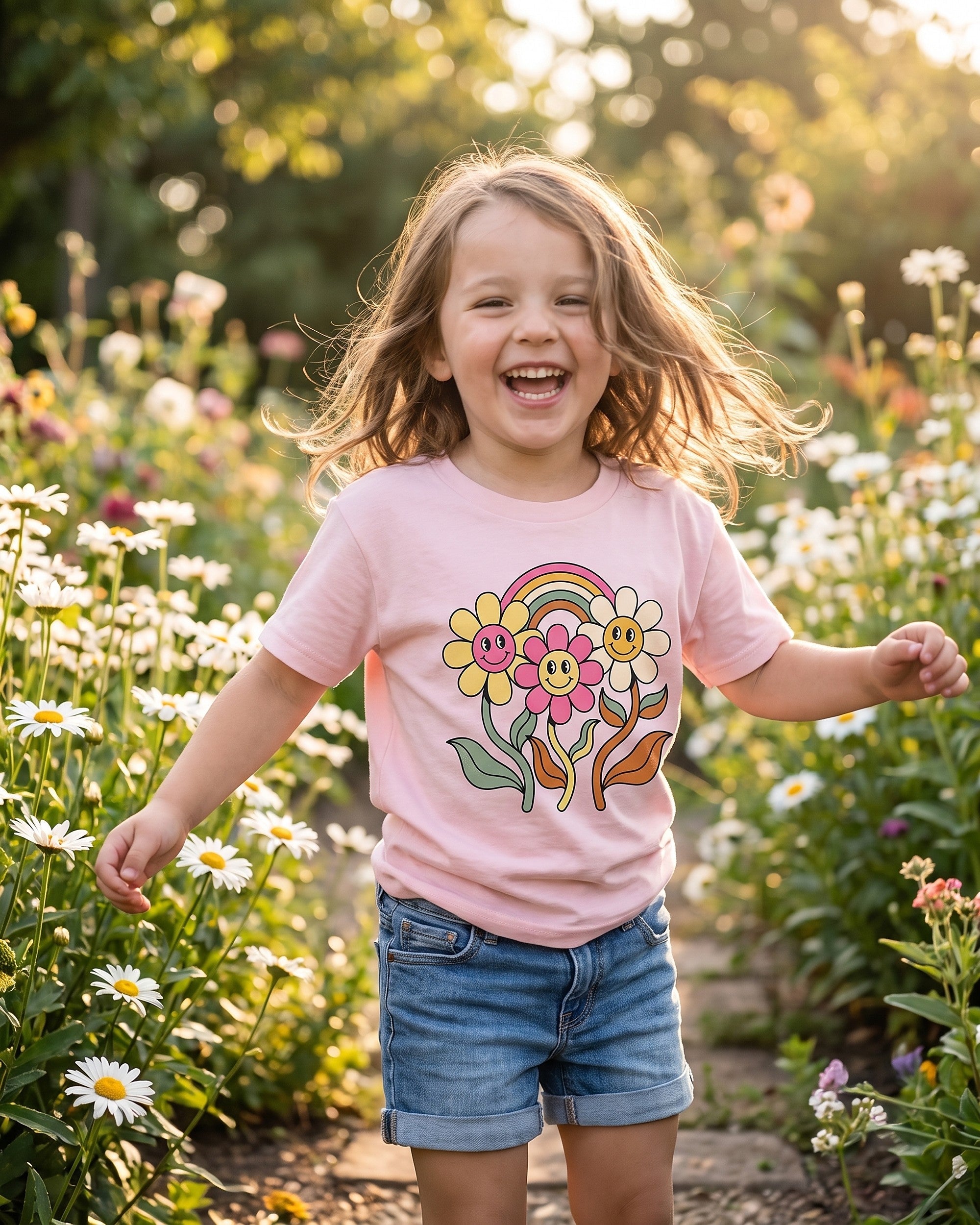 groovy daisies rainbow design on a kids tee, child laughing in a playful scene