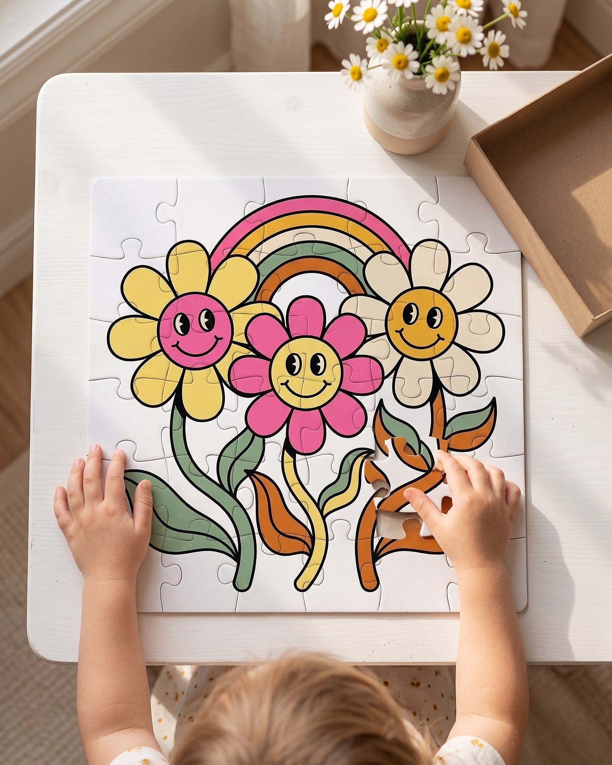 Child completing the groovy daisies rainbow 30 piece kids puzzle at a play table