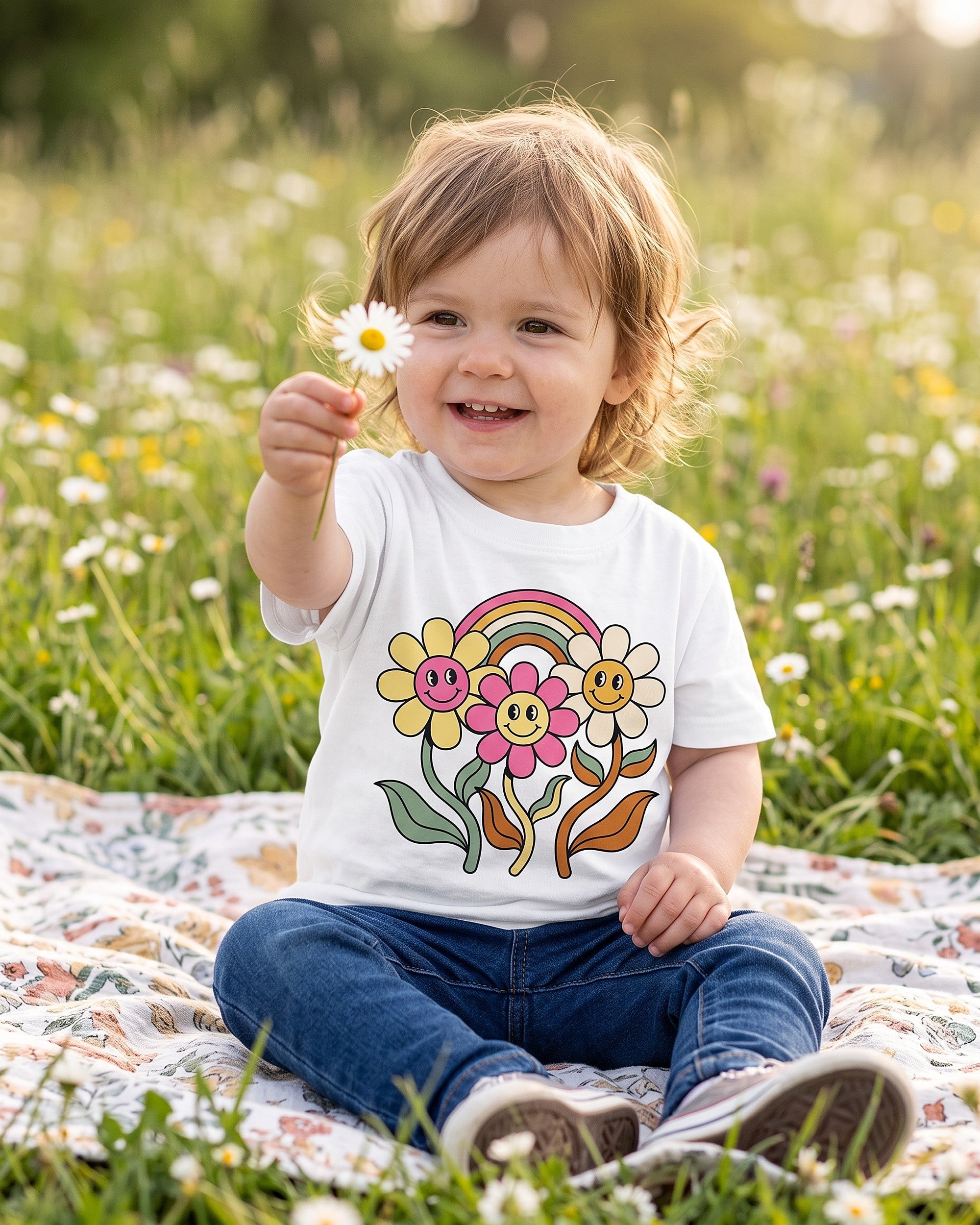 groovy daisies rainbow design worn by a smiling child outdoors