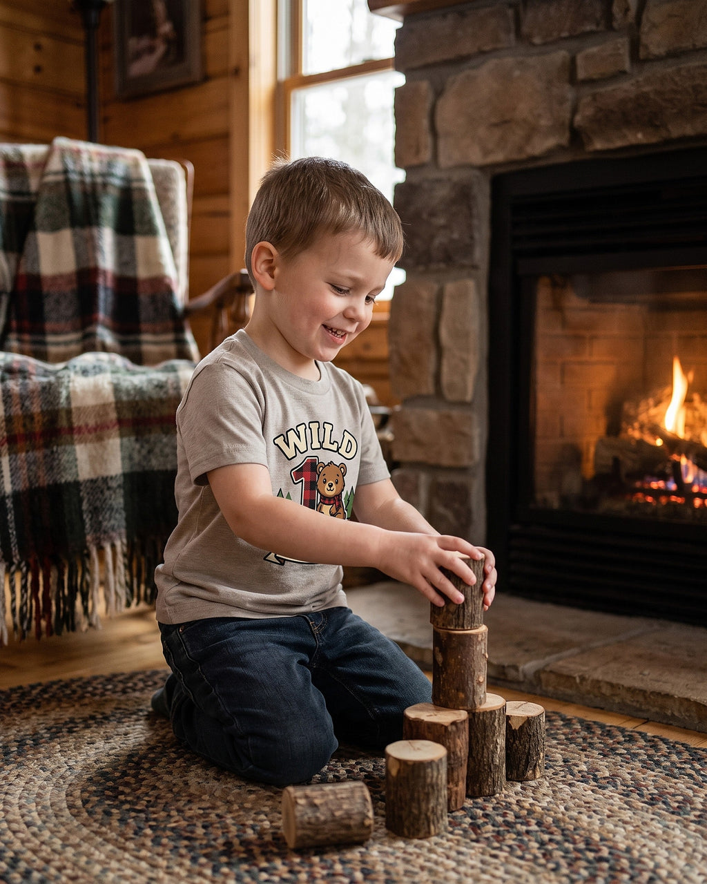 Wild One plaid bear first birthday design worn by a smiling child outdoors