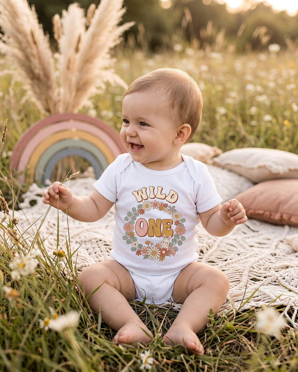 Wild One boho floral bunny first birthday design on a white baby bodysuit worn by a happy baby
