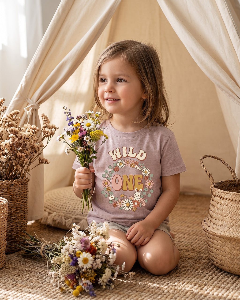 Wild One boho floral bunny first birthday design worn by a smiling child outdoors