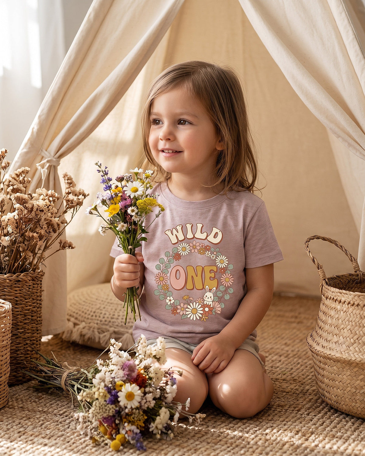 Wild One boho floral bunny first birthday design worn by a smiling child outdoors