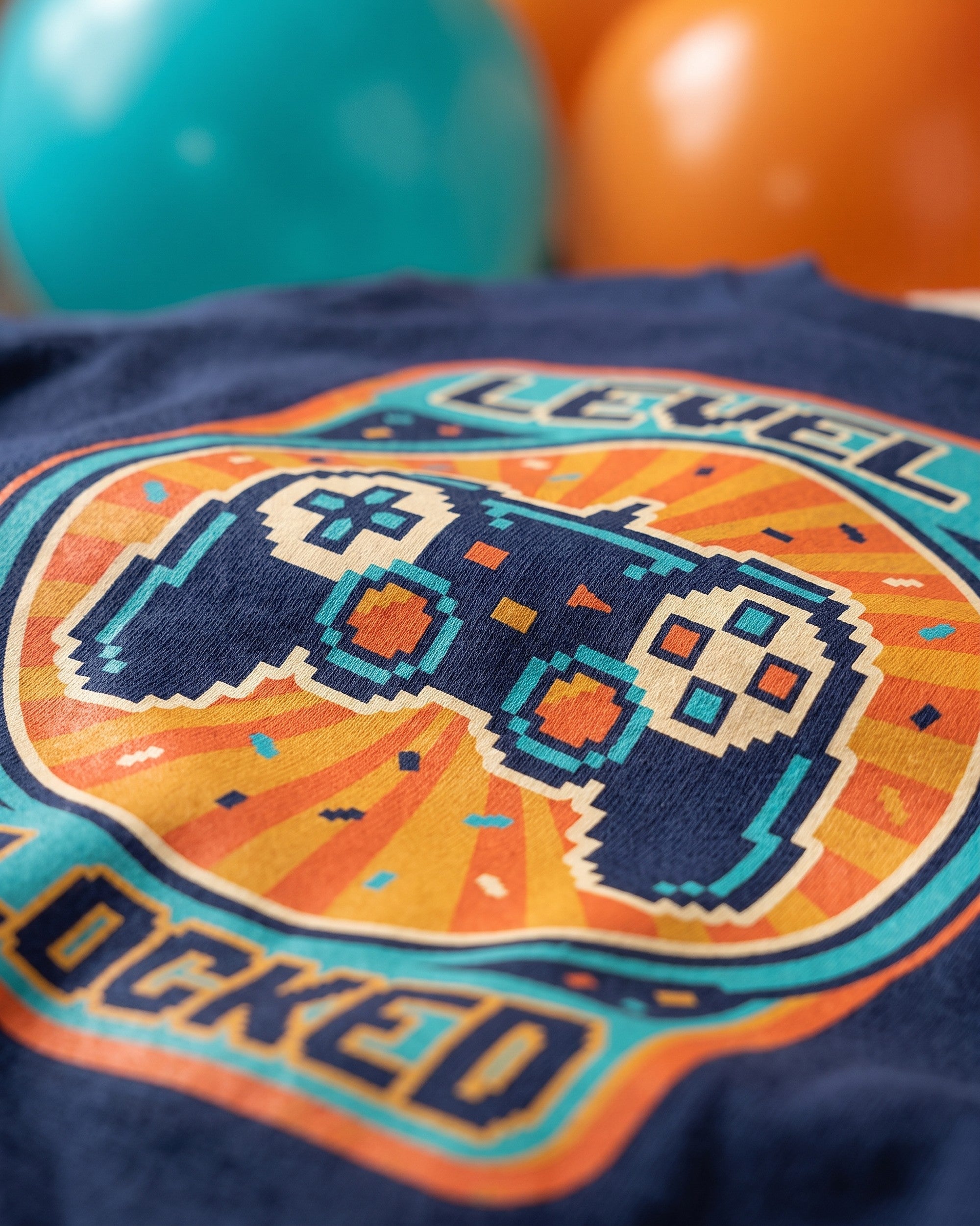 Close up of the Level 5 Unlocked arcade 5th birthday print showing soft matte ink on cotton weave