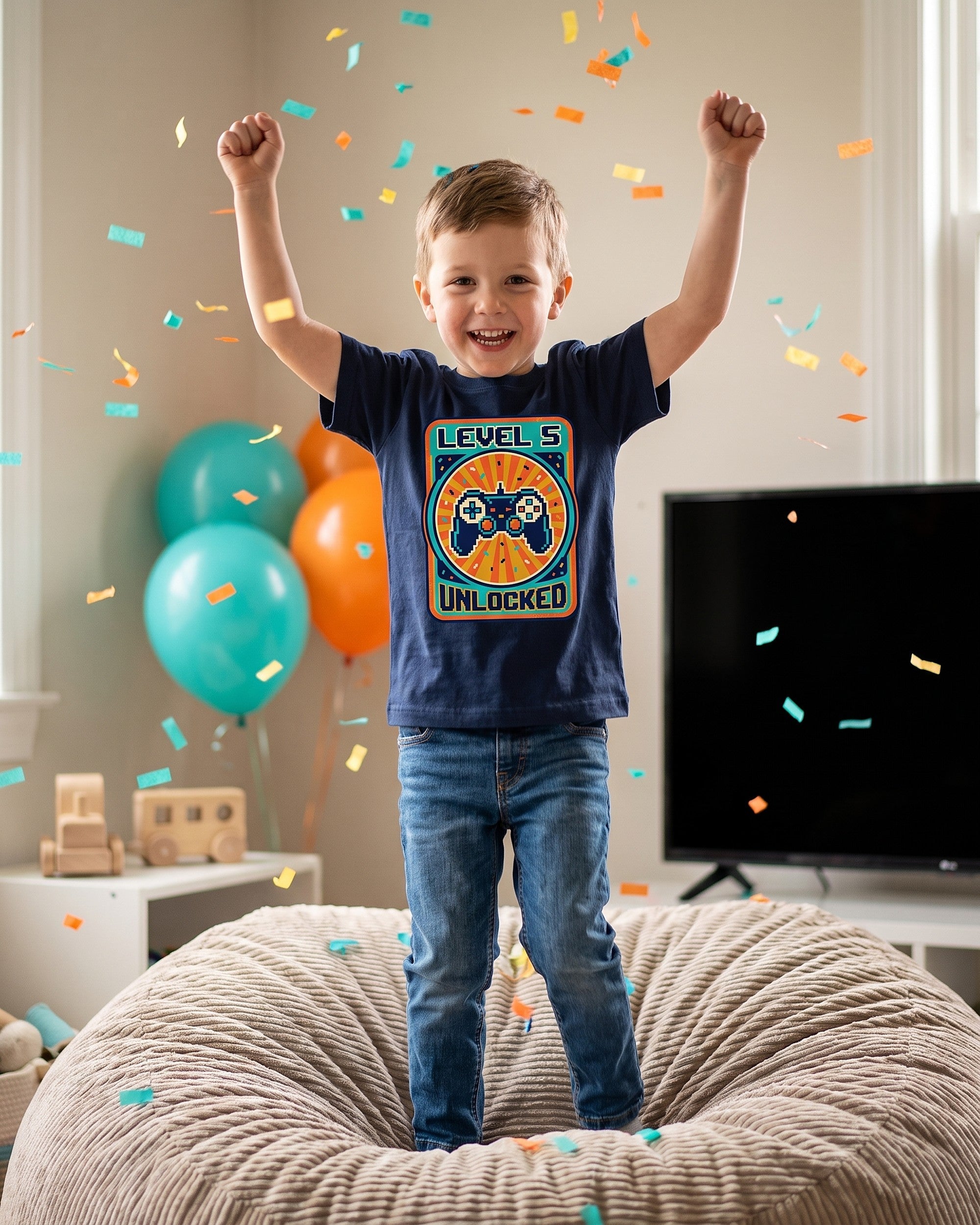 Level 5 Unlocked arcade 5th birthday design on a kids tee, child laughing in a playful scene
