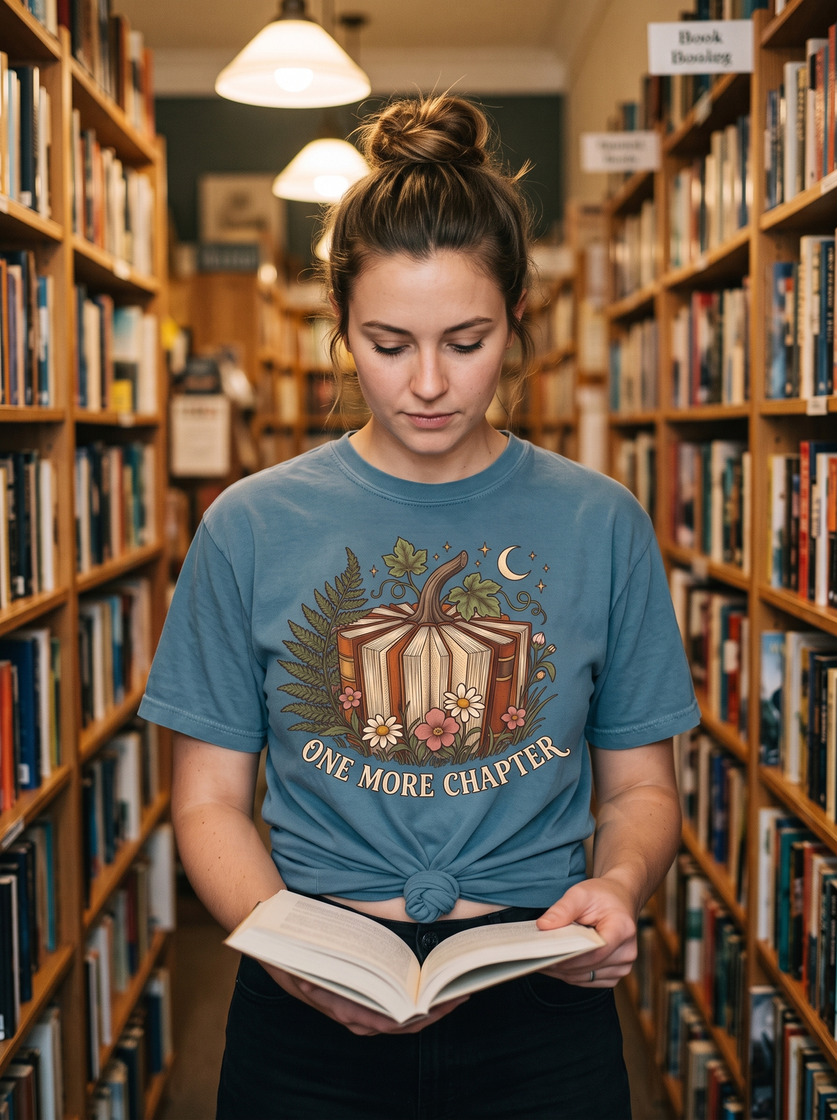 Woman in a Bay Comfort Colors tee with the One More Chapter book pumpkin print, knotted front hem, reading an open book in an independent bookshop aisle