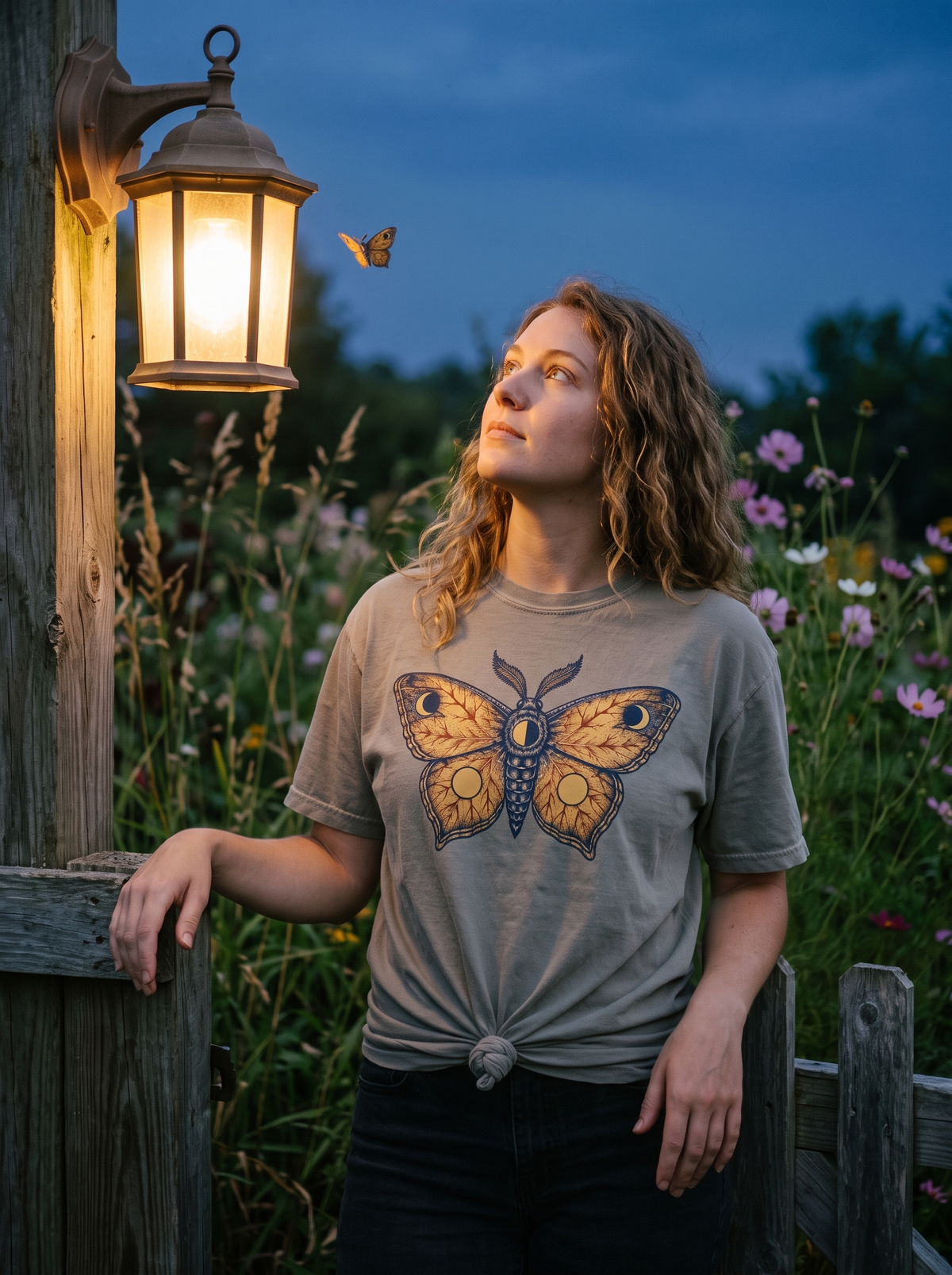 Woman in a Granite Comfort Colors tee with the engraved celestial moth print, knotted front hem, watching a moth circle a porch lantern in a cottage garden at dusk