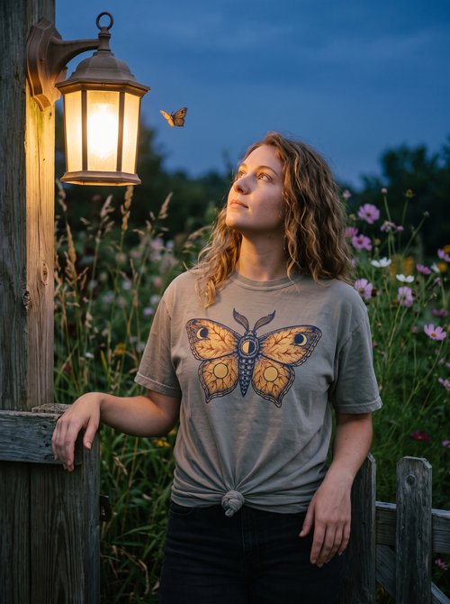 Woman in a Granite Comfort Colors tee with the engraved celestial moth print, knotted front hem, watching a moth circle a porch lantern in a cottage garden at dusk