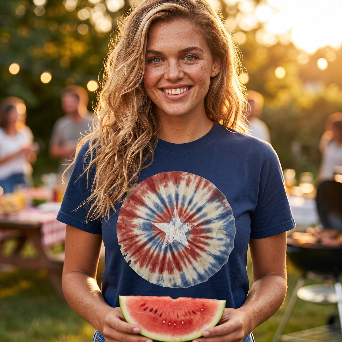 Tie-Dye Stars & Stripes tee in navy, worn by an approved model, close lifestyle photograph