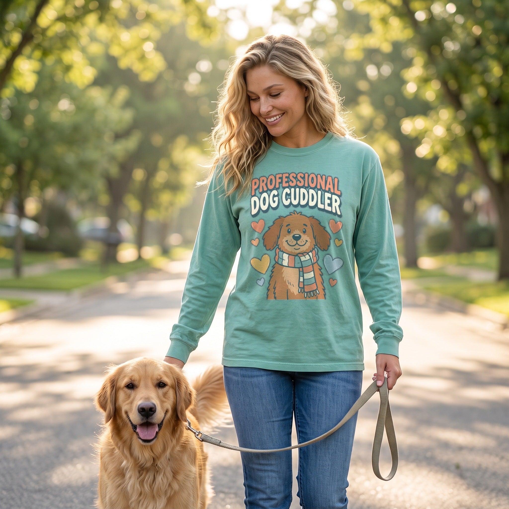 Professional Dog Cuddler Long Sleeve in seafoam, worn by an approved model, mid lifestyle photograph