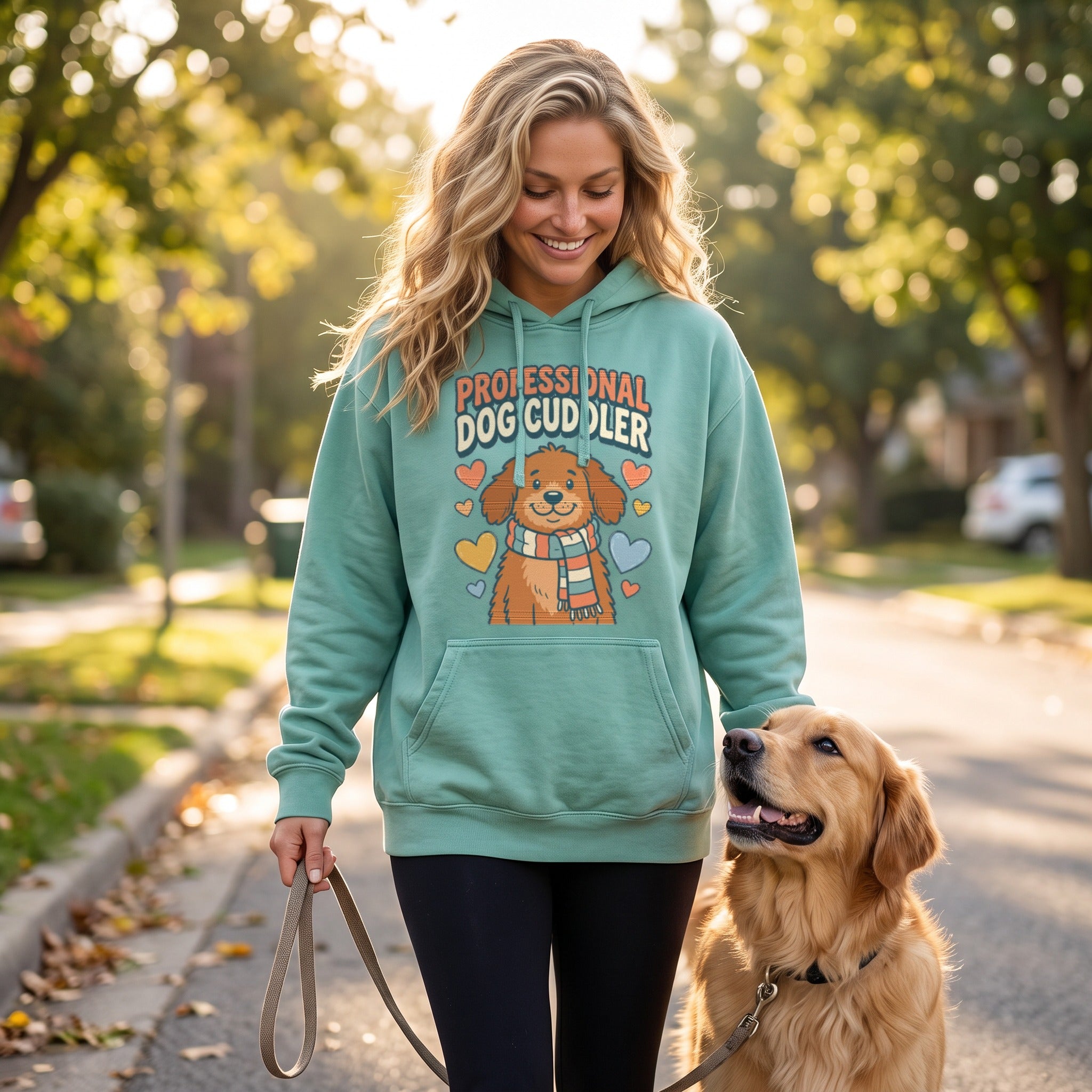 Professional Dog Cuddler hoodie in seafoam, worn by an approved model, mid lifestyle photograph