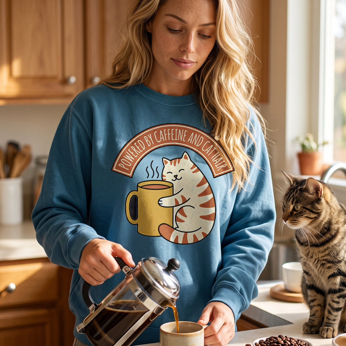 Cat Coffee Powered by Caffeine crewneck sweatshirt in ocean, worn by an approved model, close lifestyle photograph