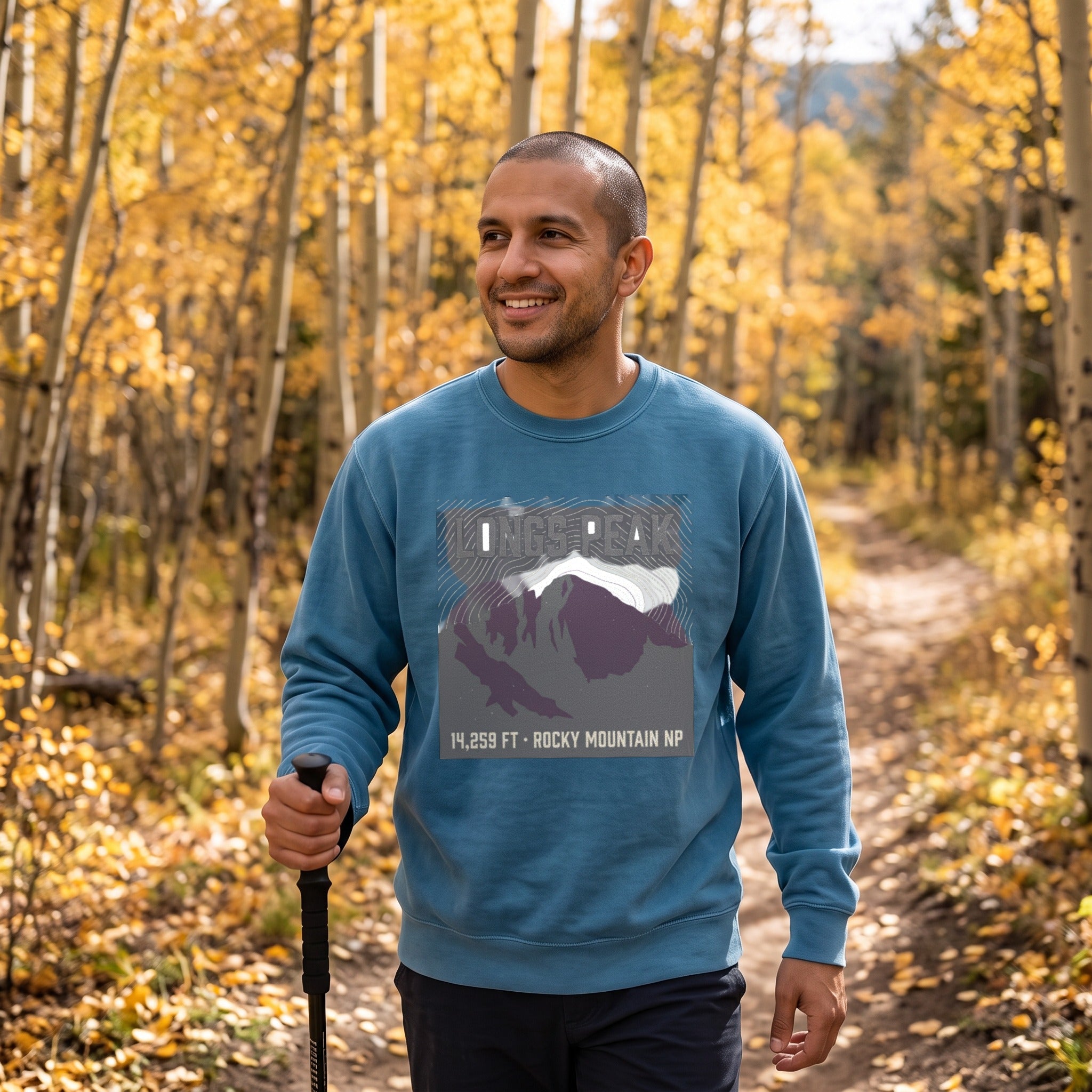 Longs Peak crewneck sweatshirt in ocean, worn by an approved model, mid lifestyle photograph