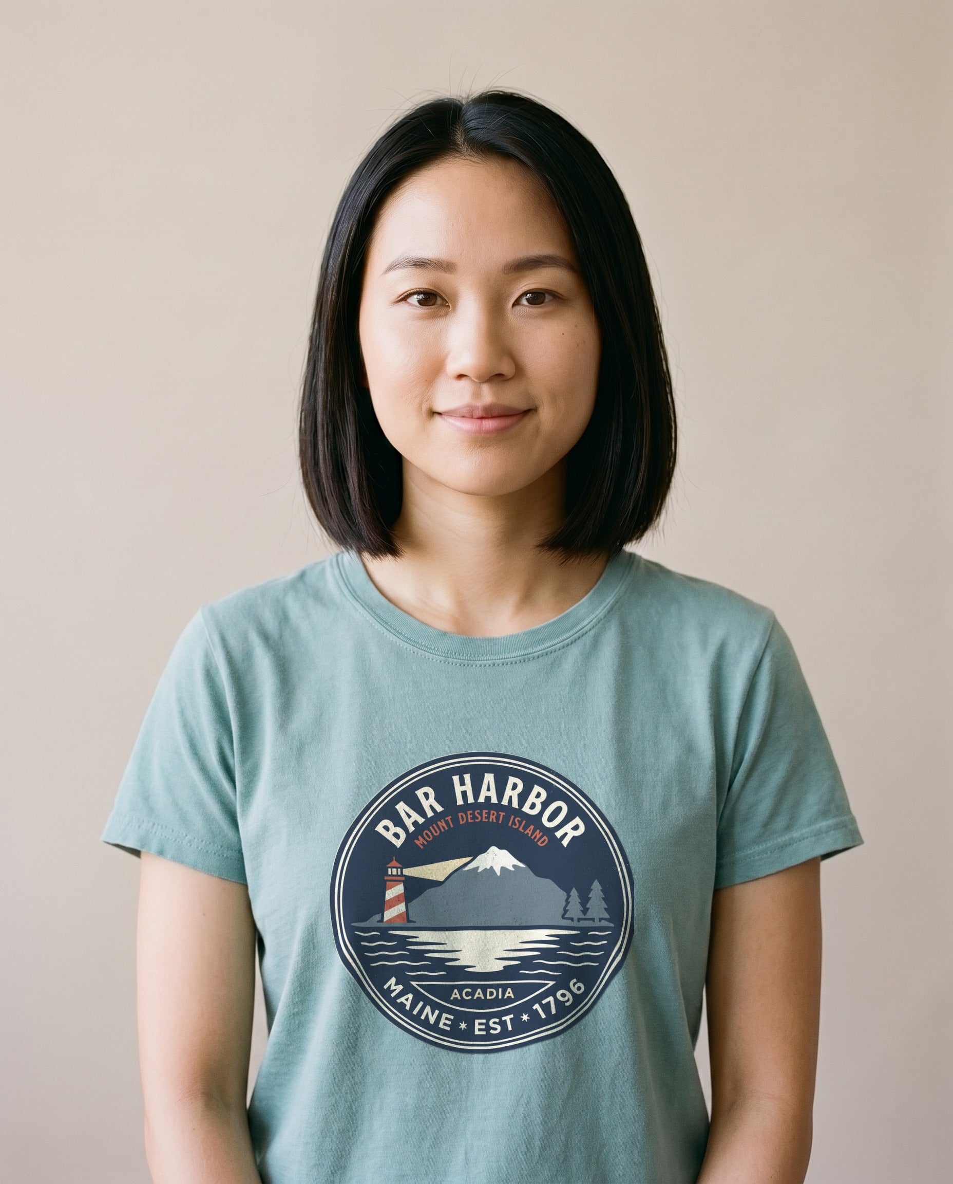Bar Harbor Maine bay blue tee on model, Acadia vintage lighthouse badge