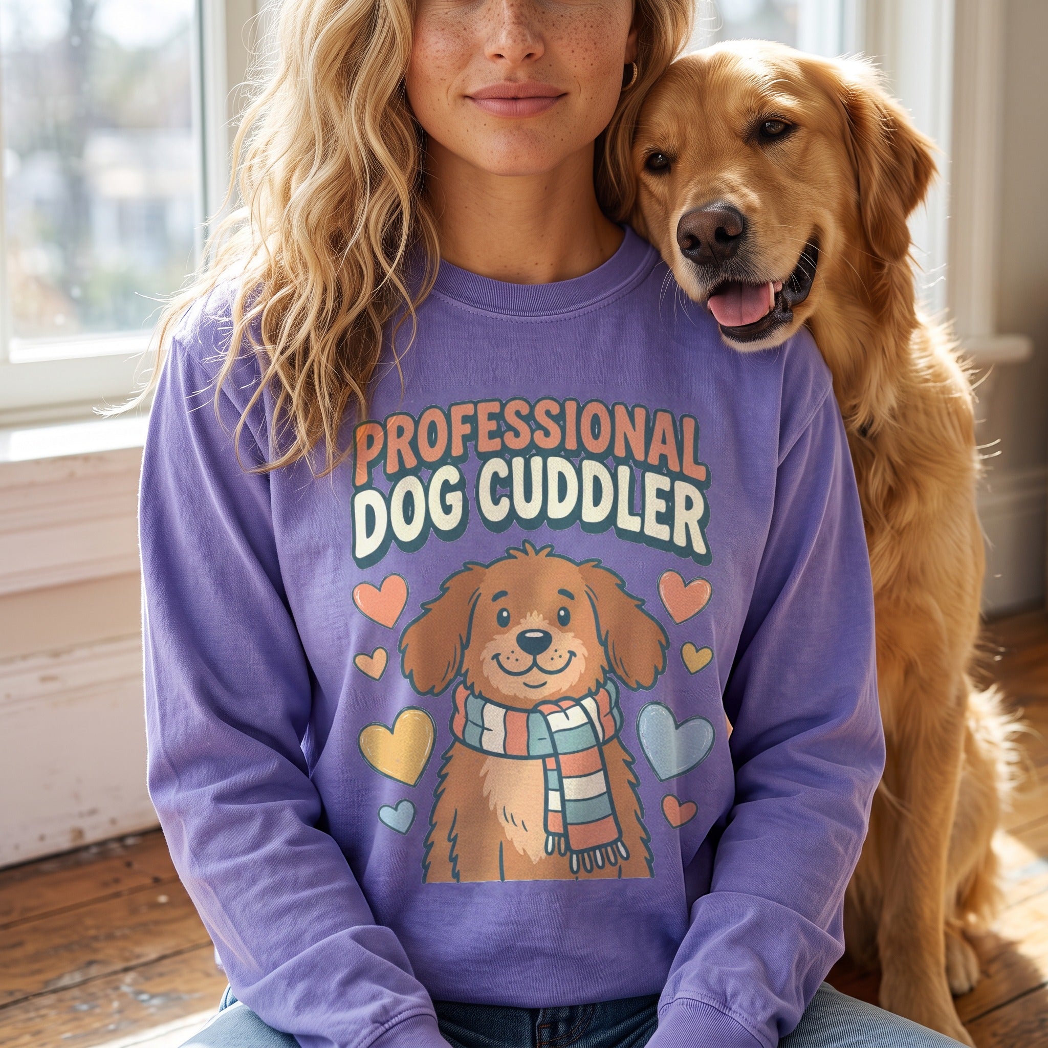 Professional Dog Cuddler Long Sleeve in violet, worn by an approved model, close lifestyle photograph