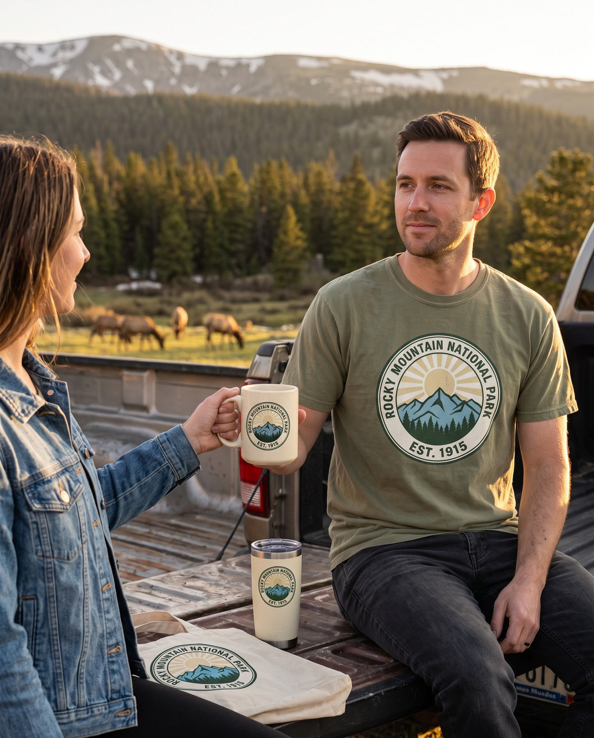 Rocky Mountain National Park mug, tee, tumbler and tote at a park overlook at sunrise
