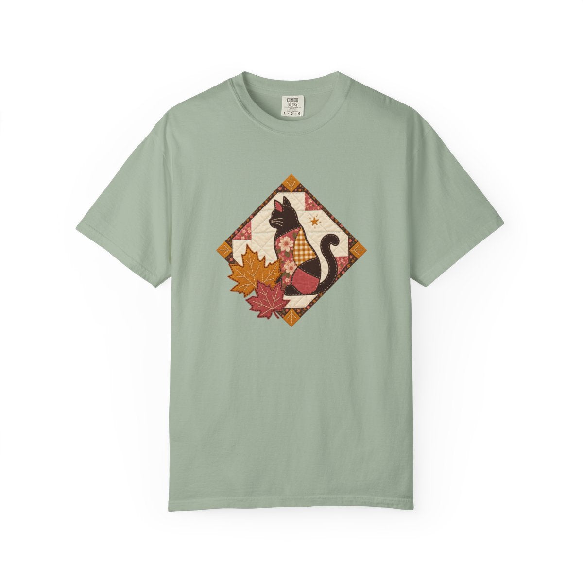 Black Cat design printed on a bay tee, front view