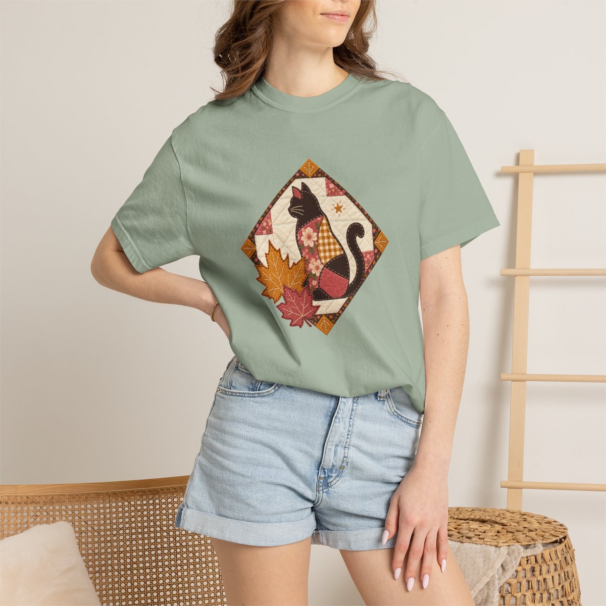 Black Cat tee in bay, worn