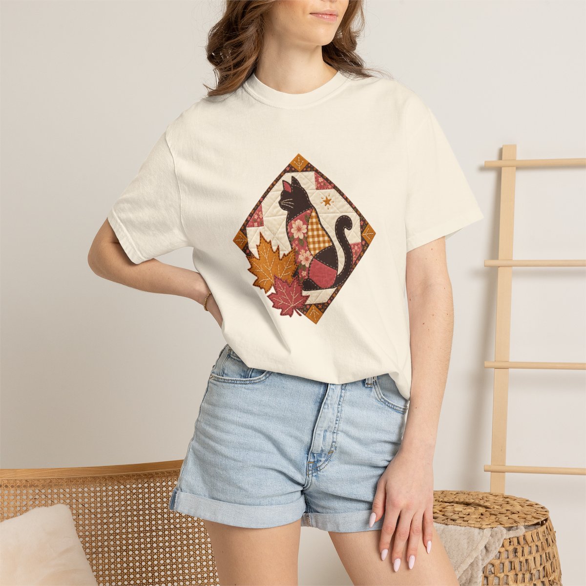 Black Cat tee in ivory, worn