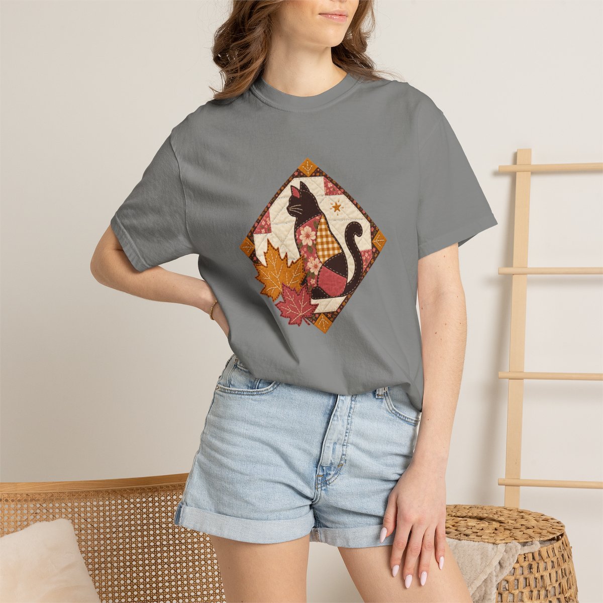 Black Cat tee in granite, worn