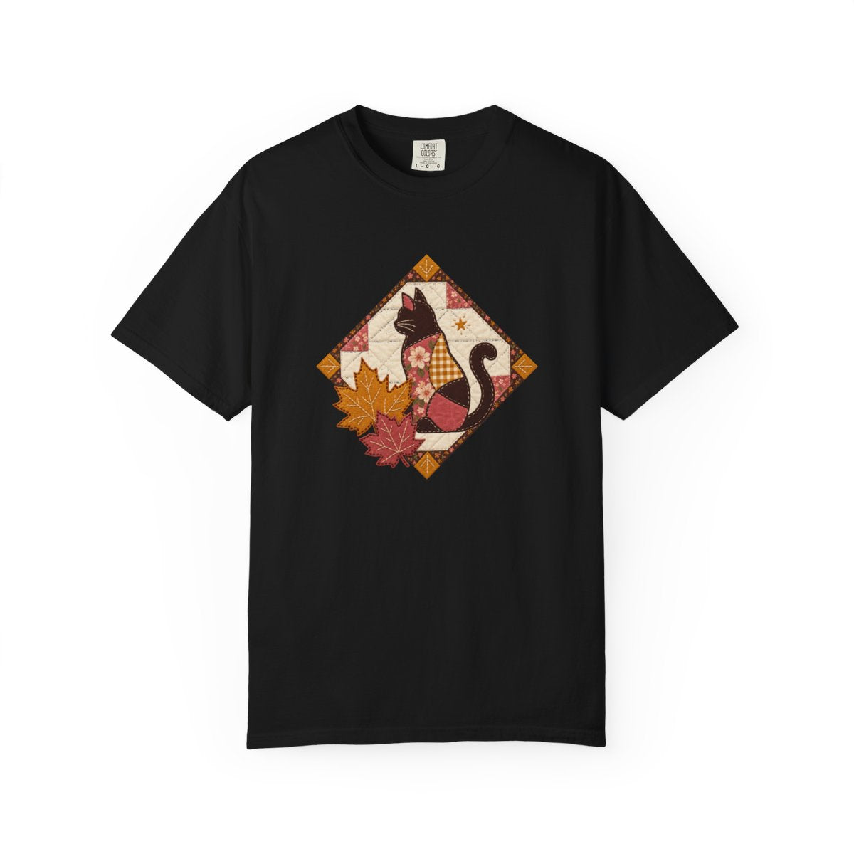 Black Cat design printed on a black tee, front view