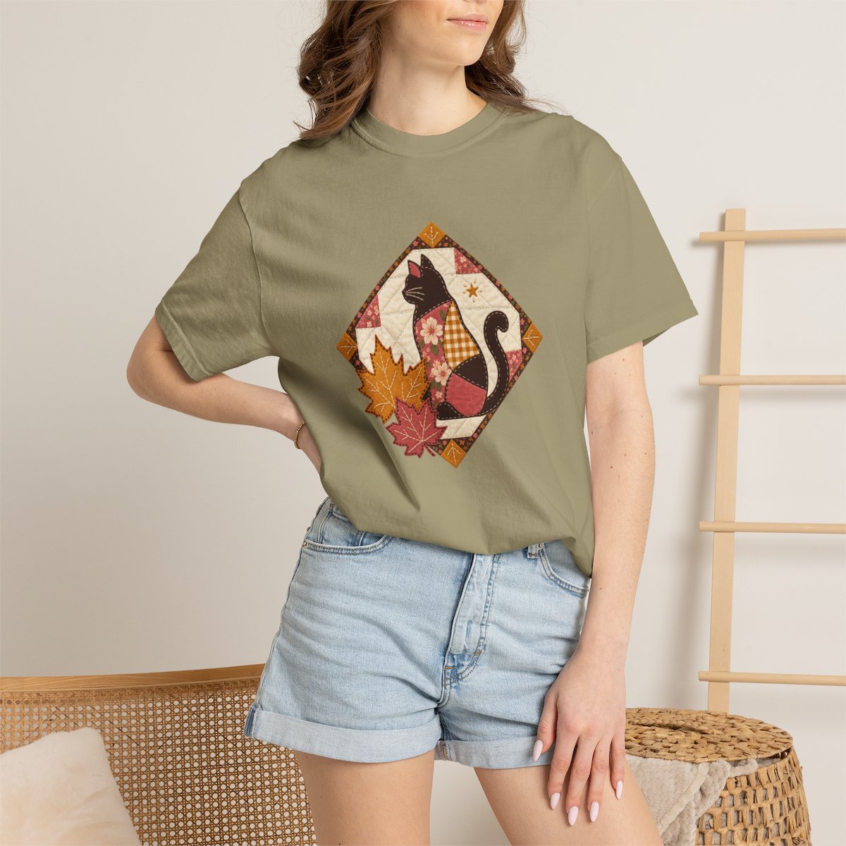 Black Cat tee in khaki, worn