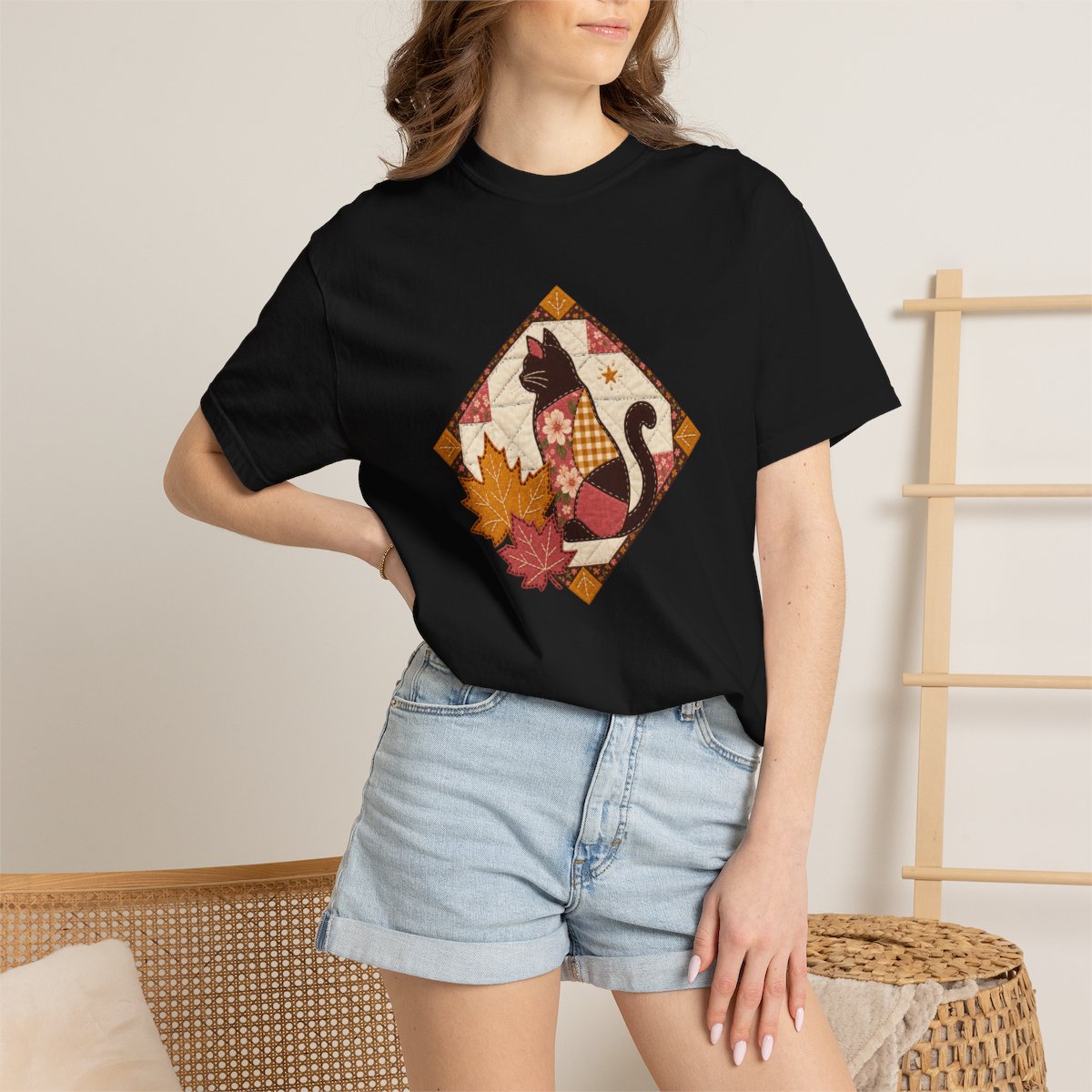 Black Cat tee in black, worn