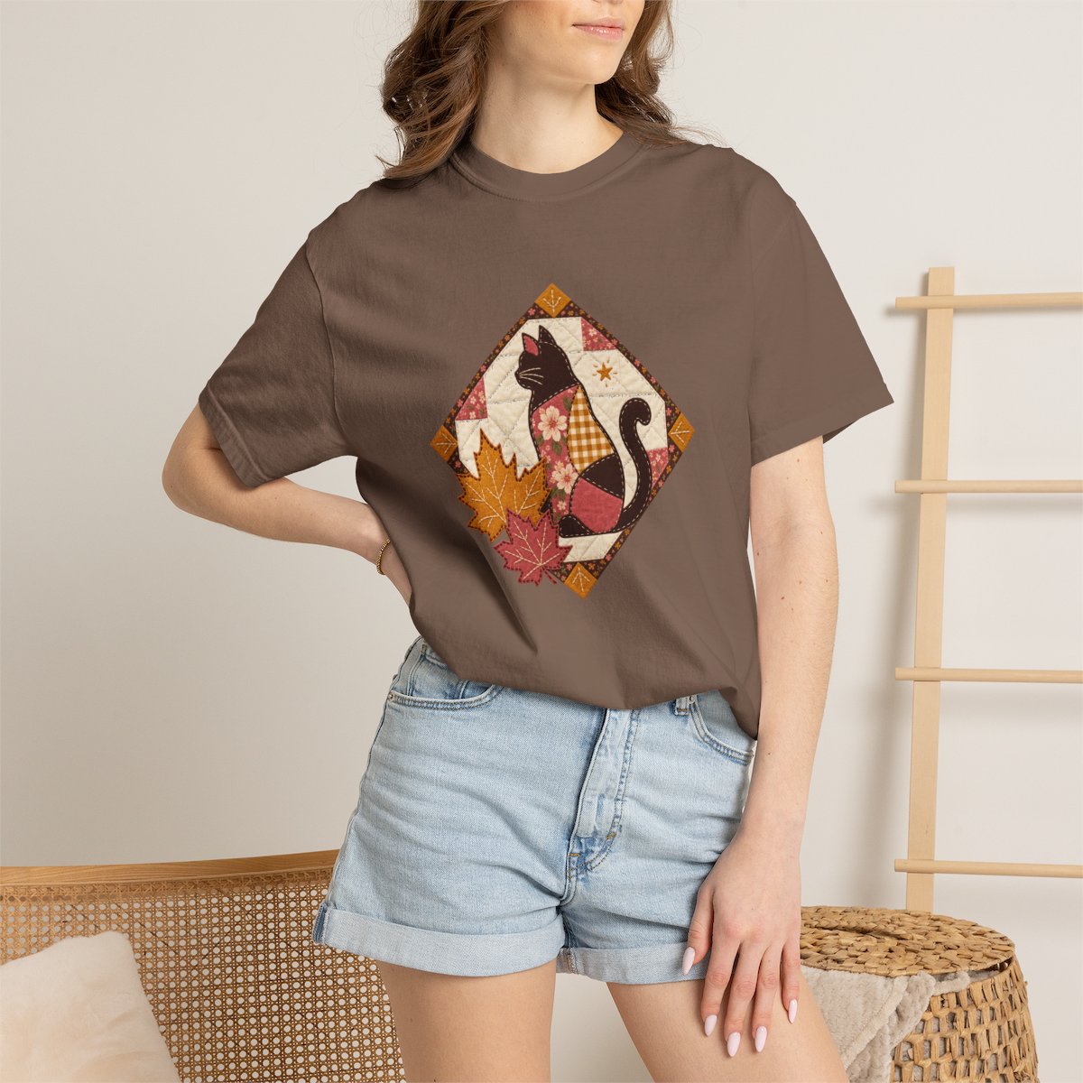 Black Cat tee in espresso, worn