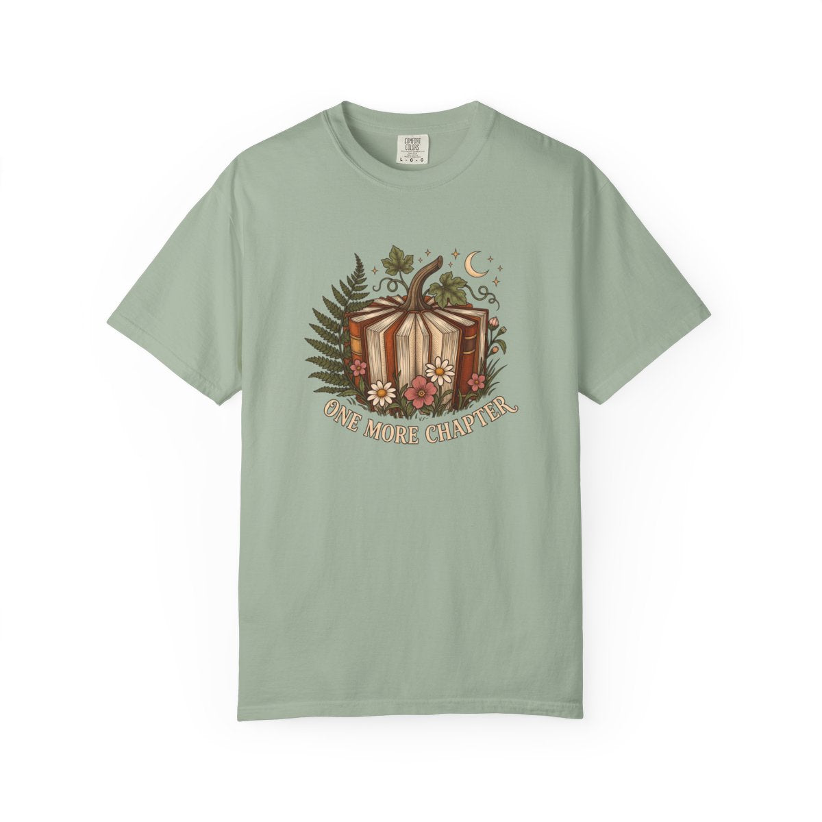 One More Chapter design printed on a bay tee, front view