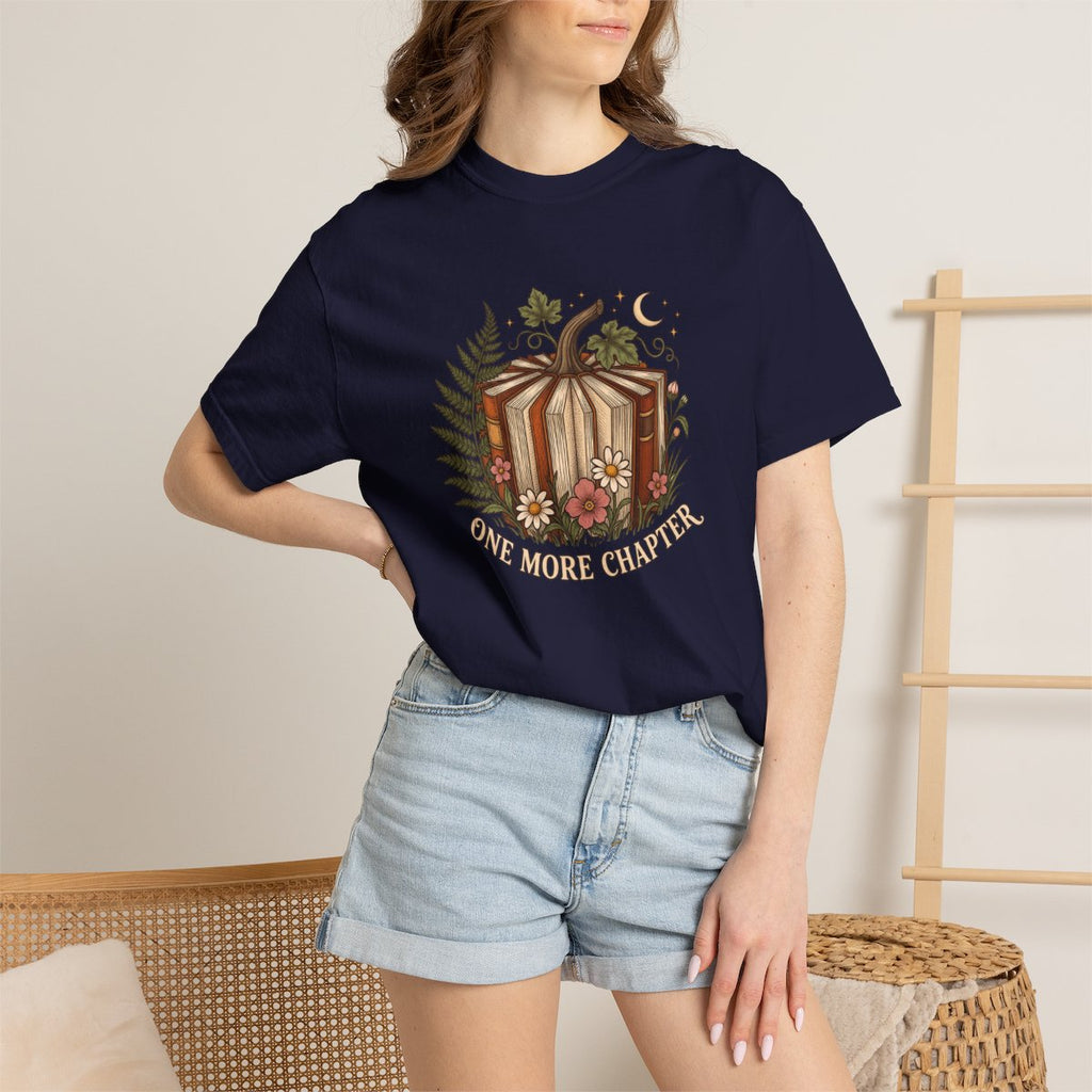 One More Chapter tee in true navy, worn