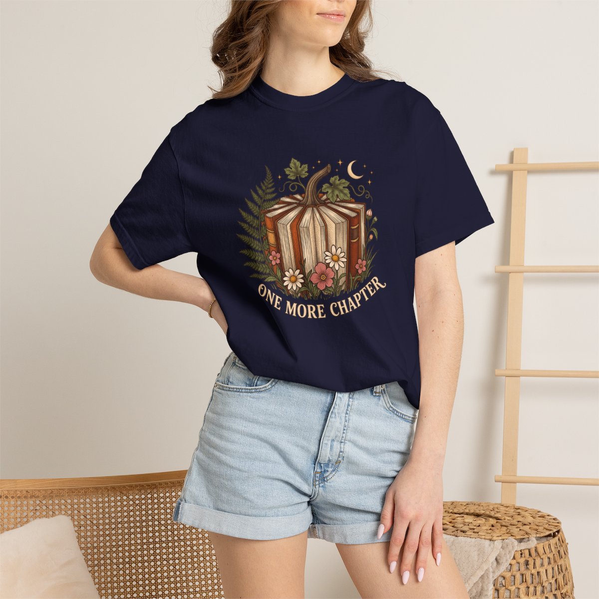 One More Chapter tee in true navy, worn