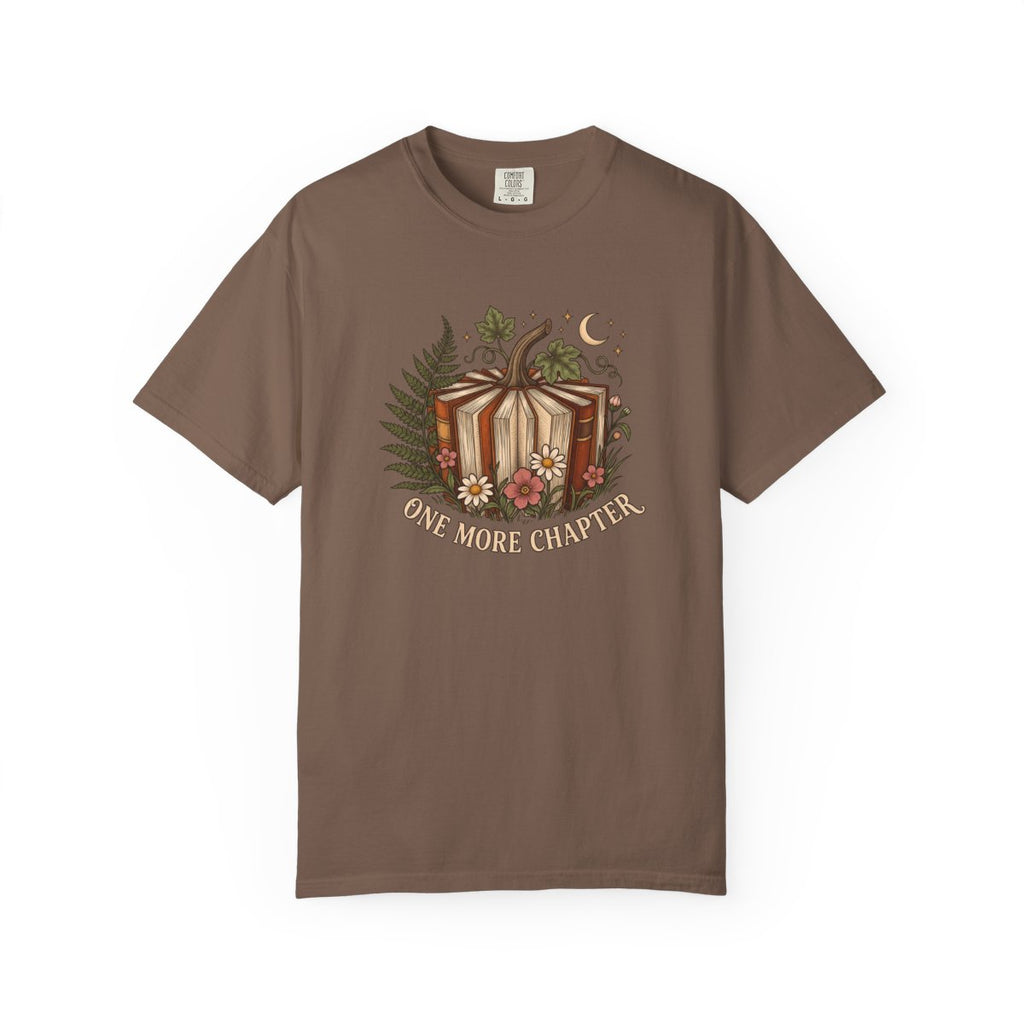One More Chapter design printed on a espresso tee, front view