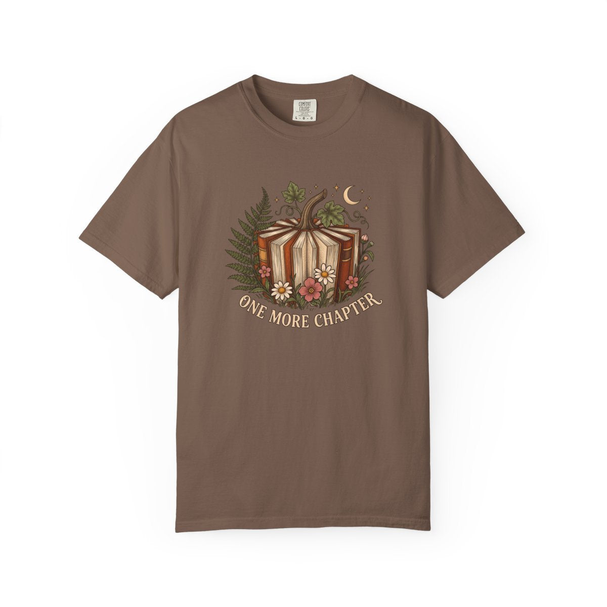One More Chapter design printed on a espresso tee, front view