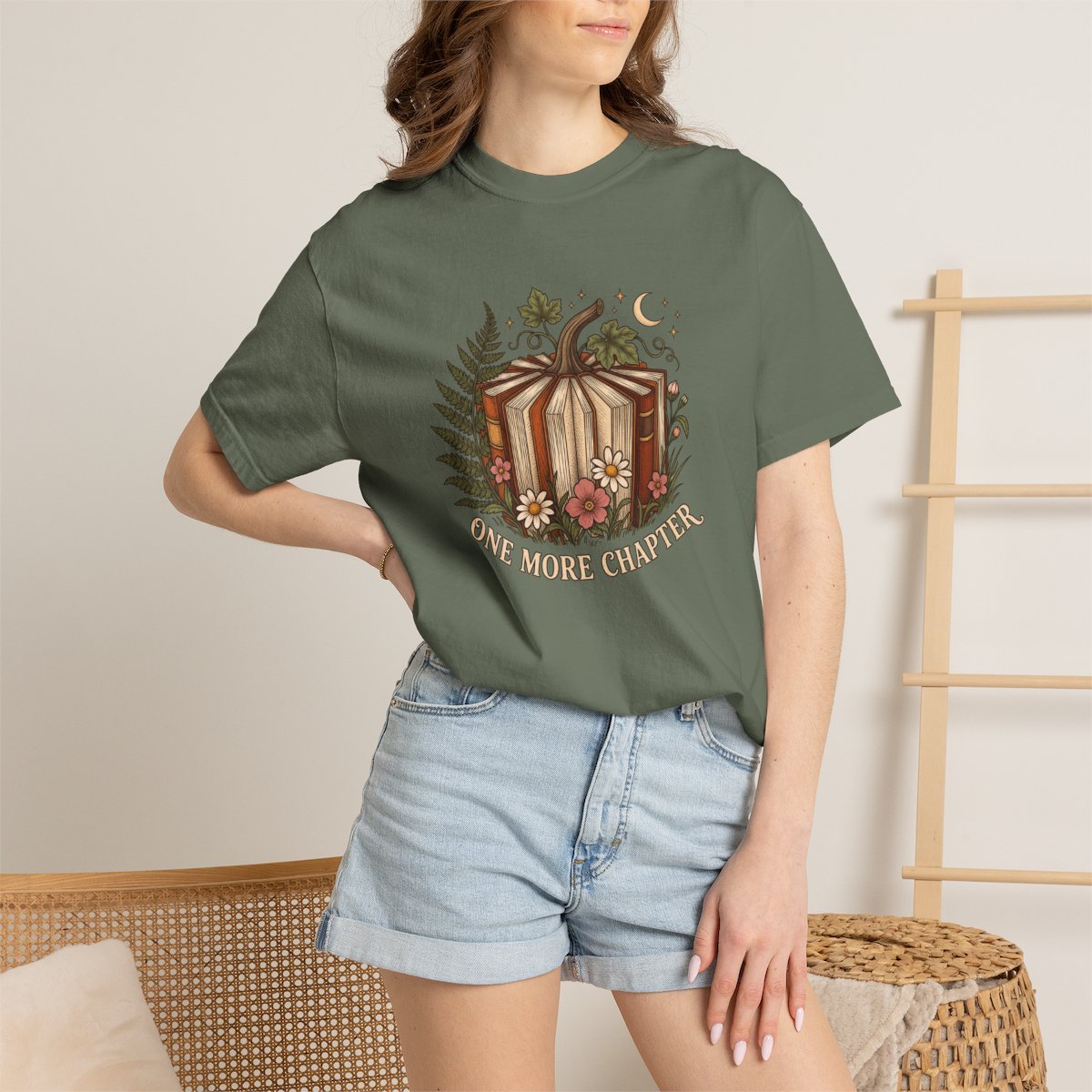 One More Chapter tee in moss, worn