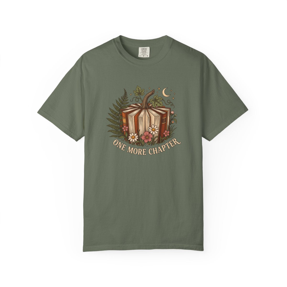 One More Chapter design printed on a moss tee, front view
