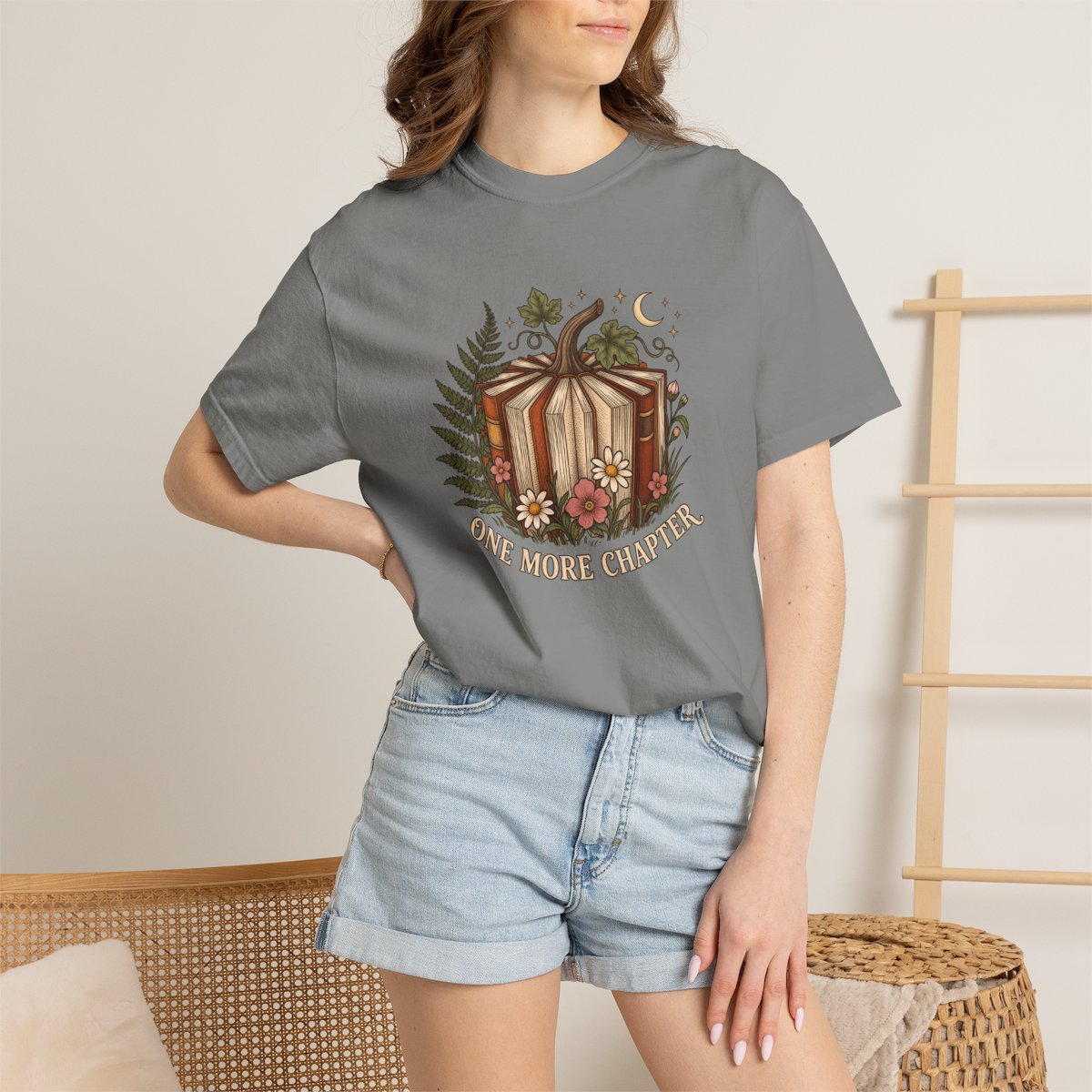 One More Chapter tee in granite, worn