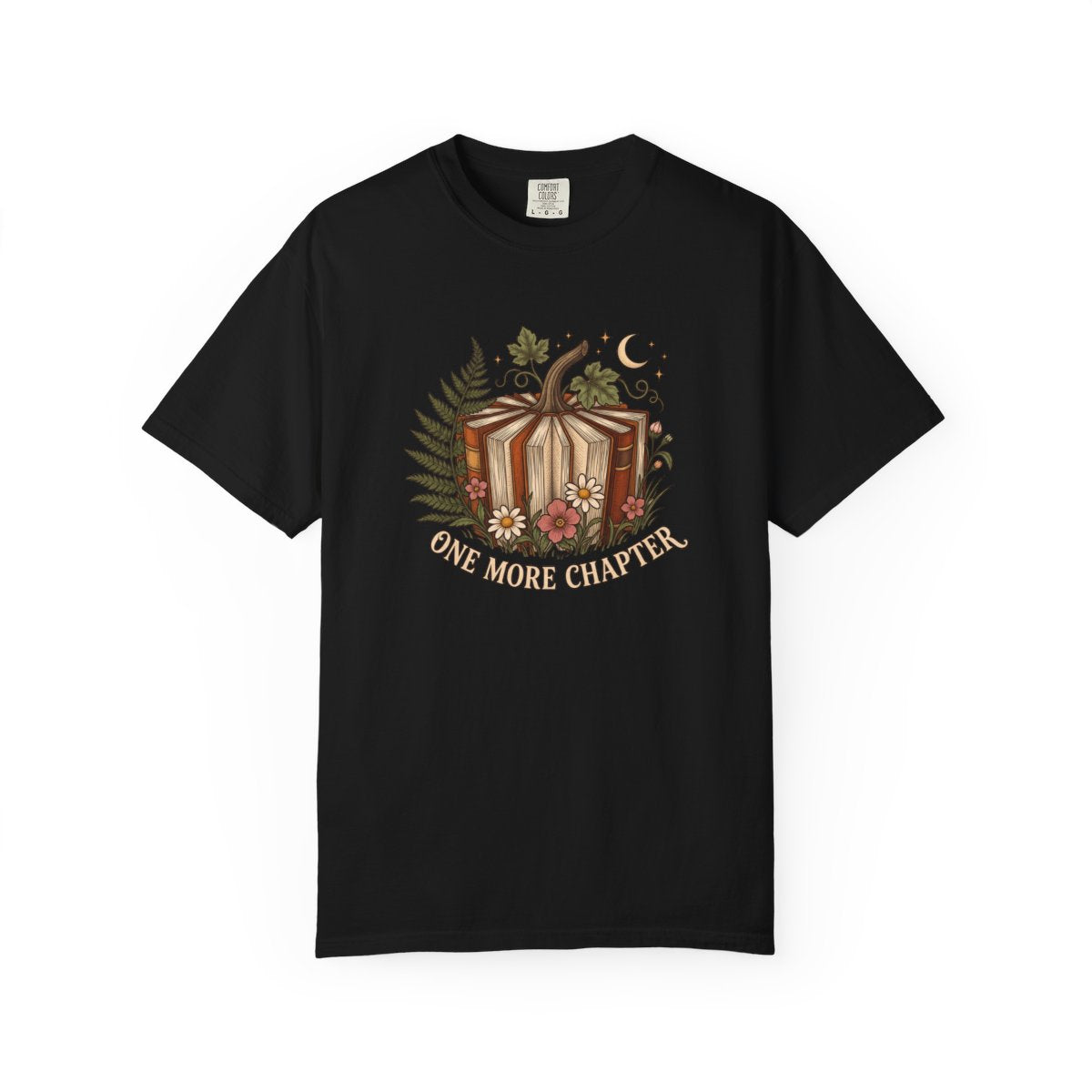 One More Chapter design printed on a black tee, front view