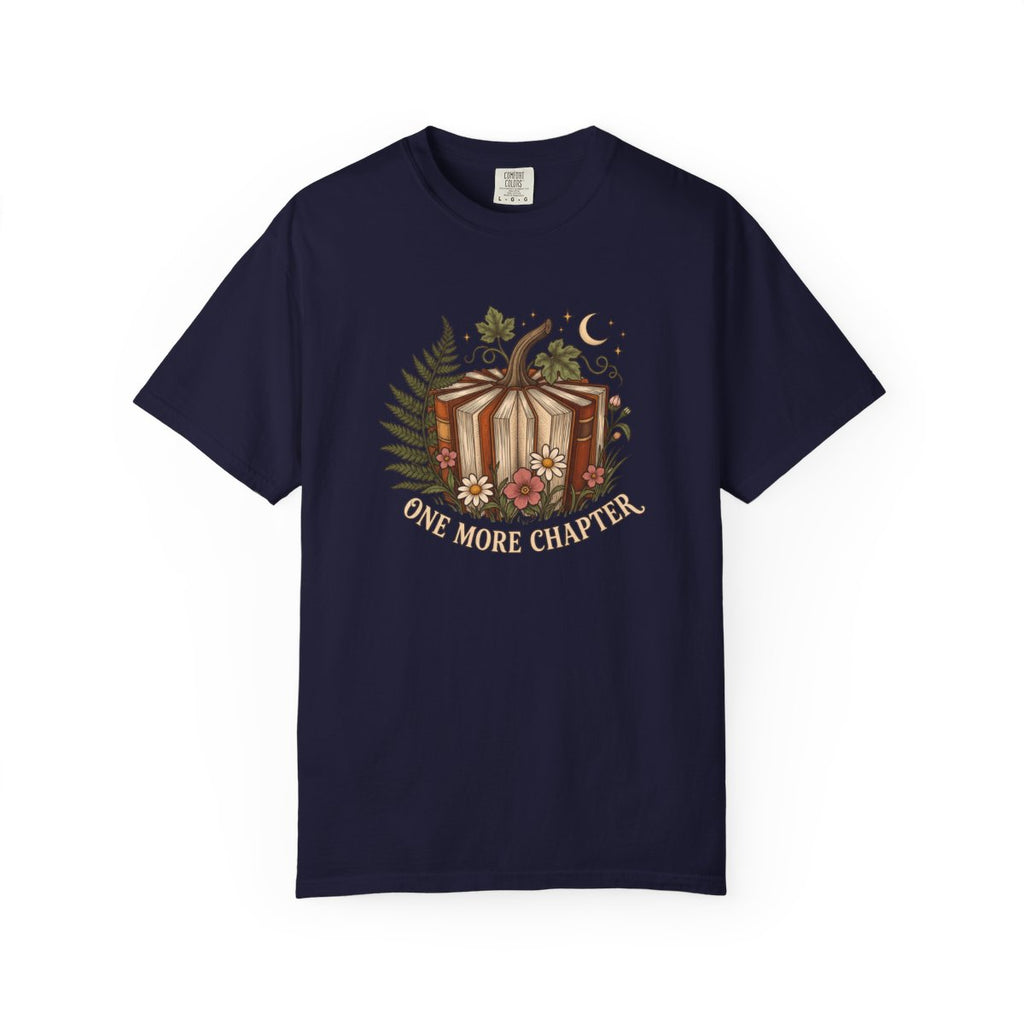One More Chapter design printed on a true navy tee, front view