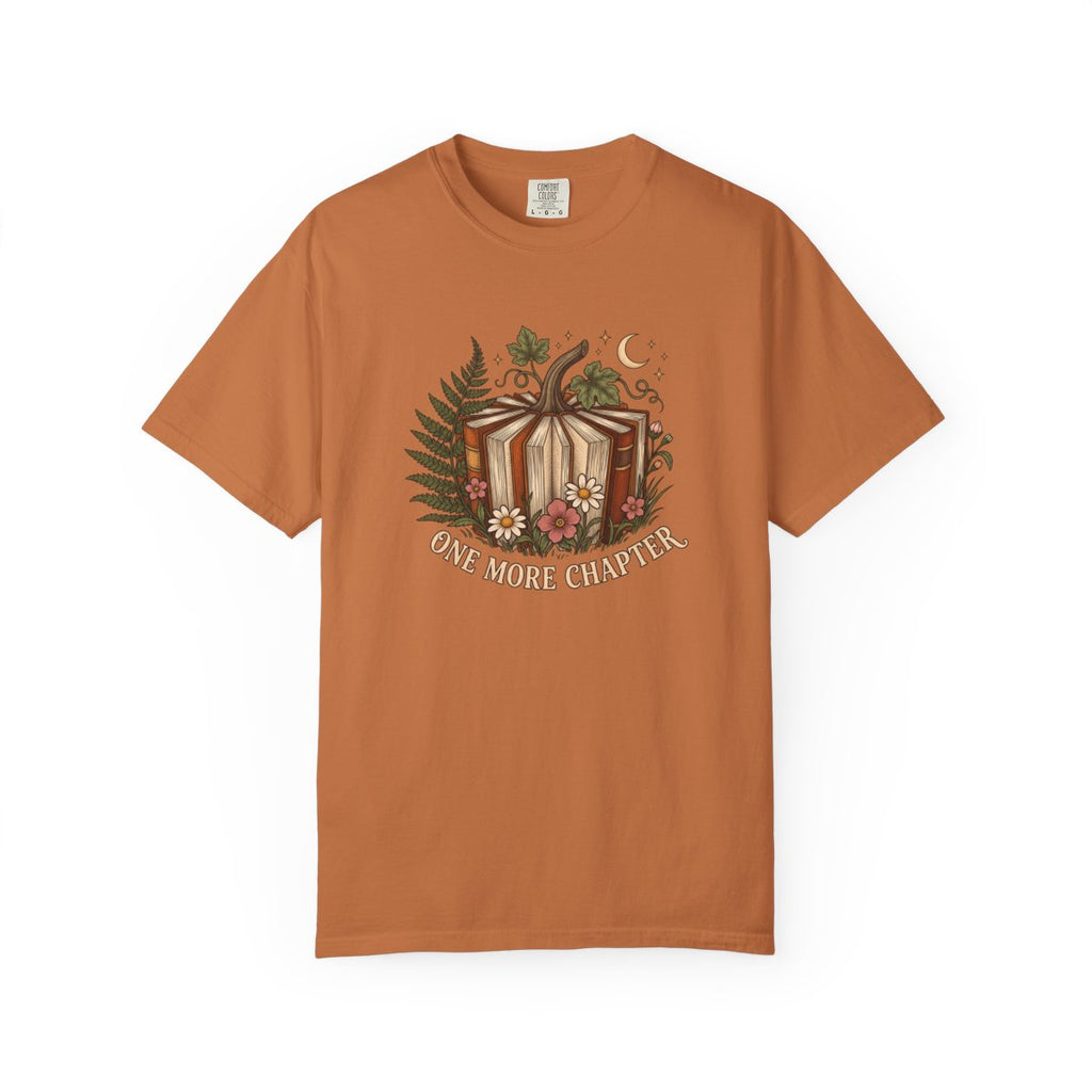 One More Chapter design printed on a yam tee, front view