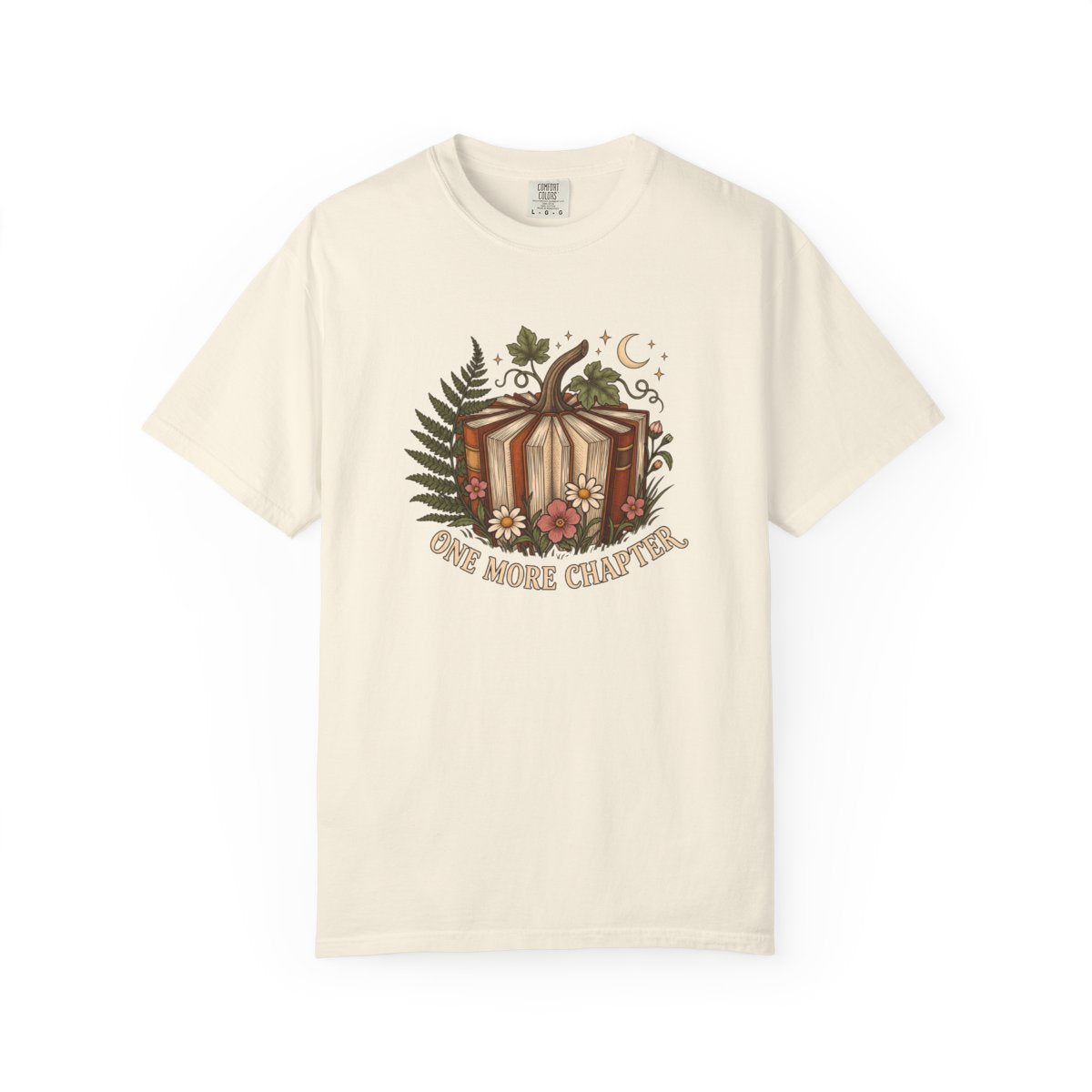 One More Chapter design printed on a ivory tee, front view