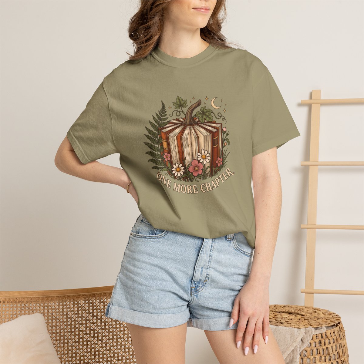One More Chapter tee in khaki, worn