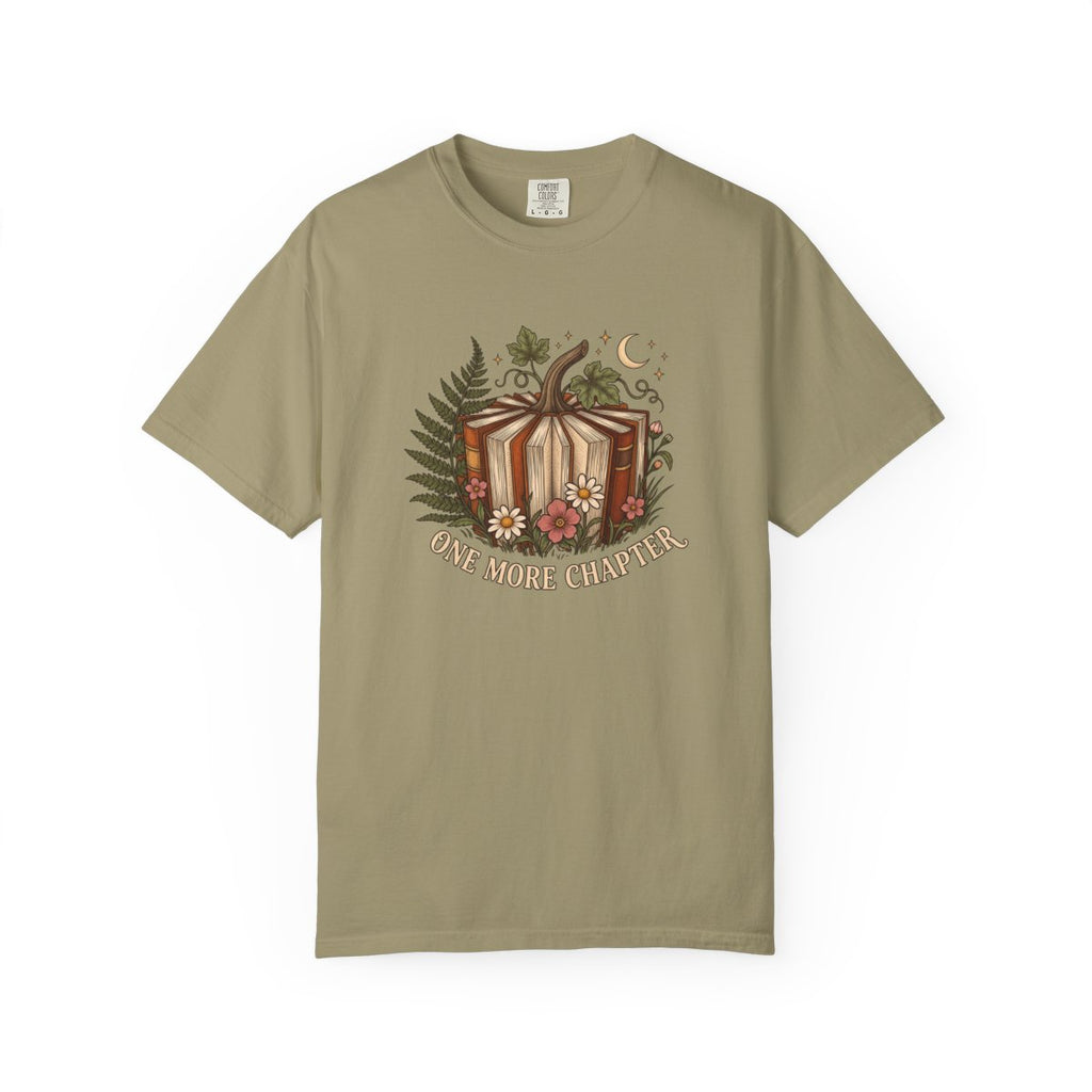 One More Chapter design printed on a khaki tee, front view