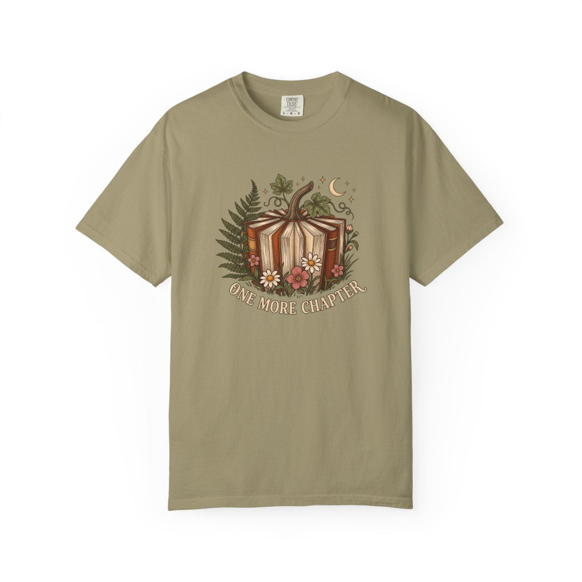 One More Chapter design printed on a khaki tee, front view