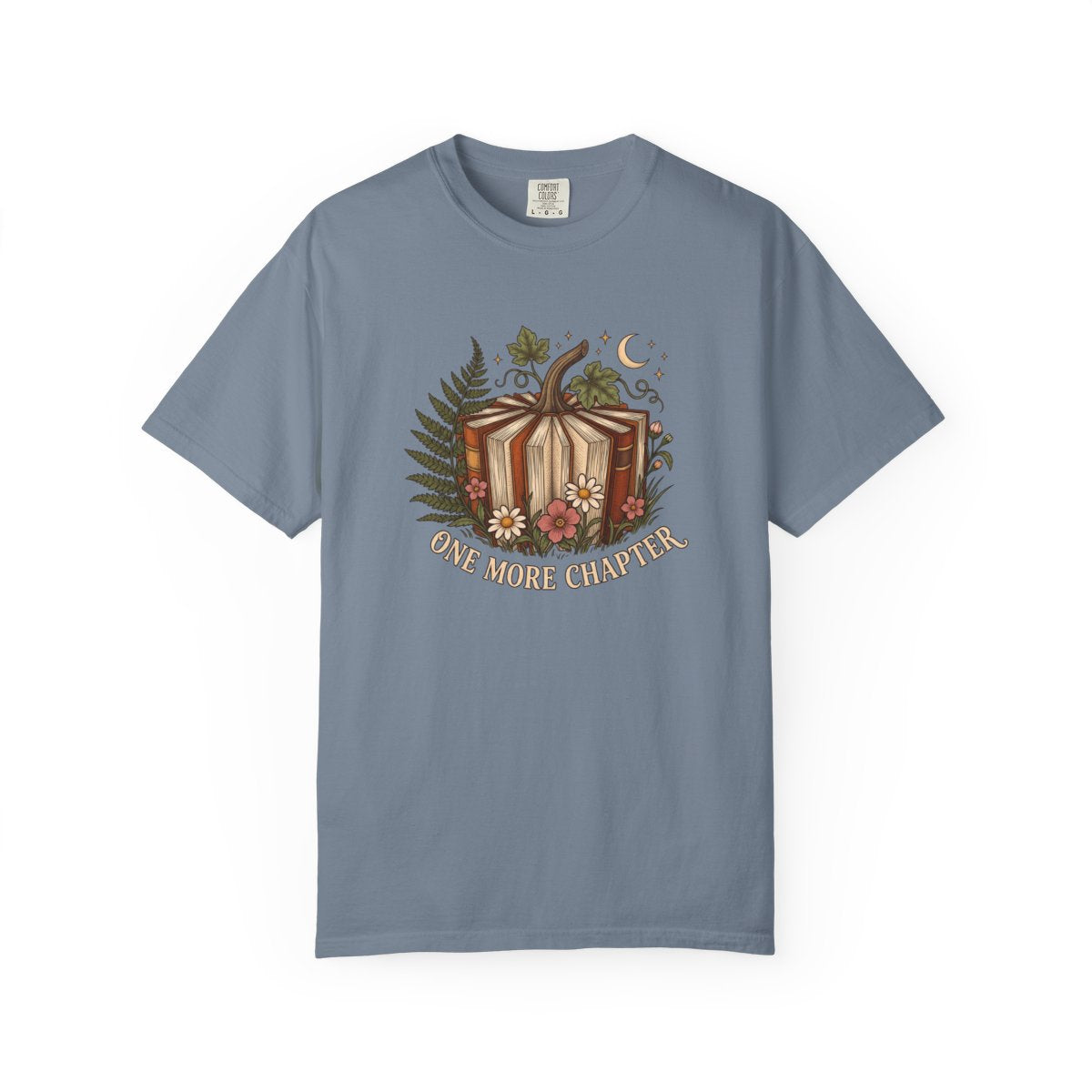 One More Chapter design printed on a blue jean tee, front view