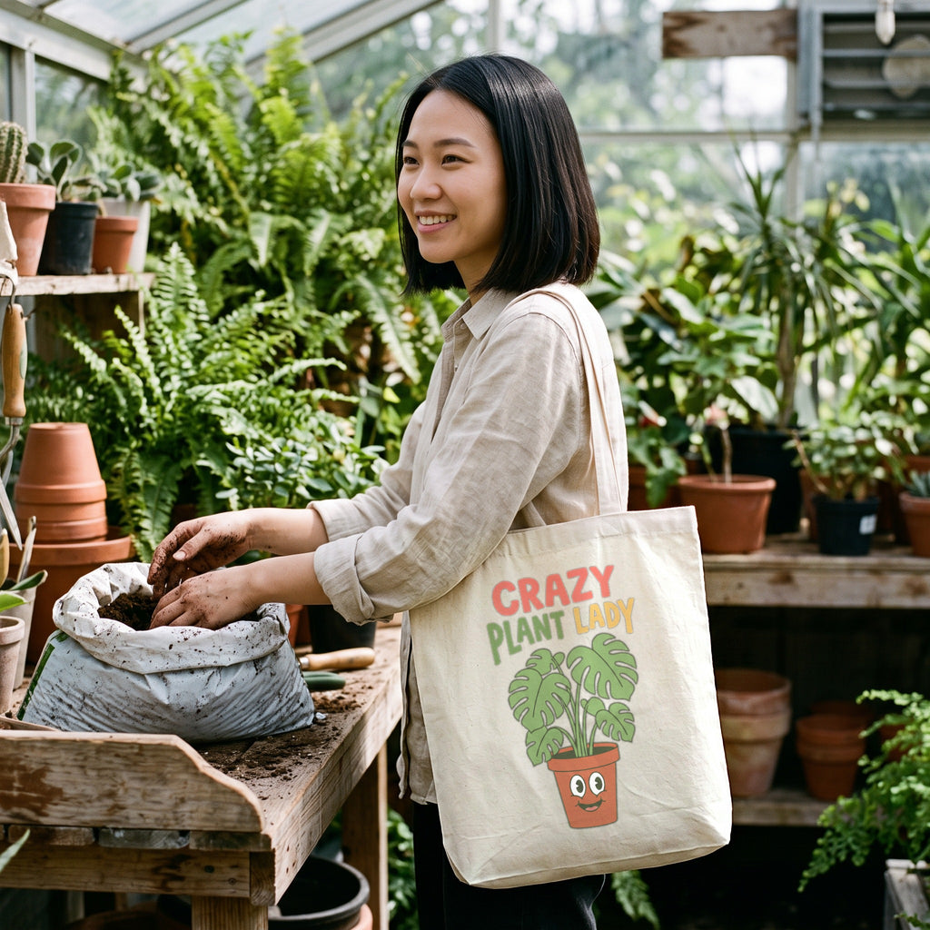 Crazy Plant Lady Canvas Tote Bag in natural, worn by an approved model, mid lifestyle photograph