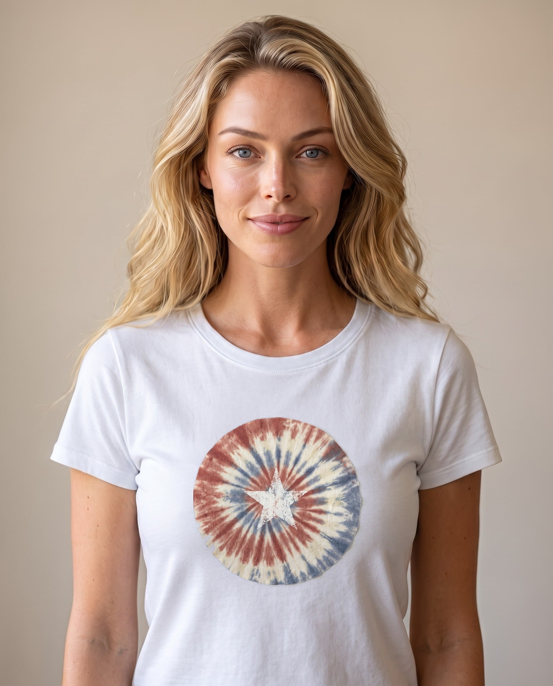 Woman wearing the Tie-Dye Stars and Stripes patriotic tee in White, red white and blue tie-dye spiral with white star center