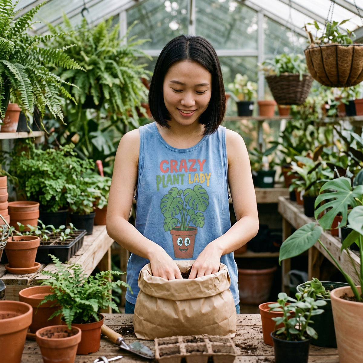 Crazy Plant Lady Tank Top in flo blue, worn by an approved model, mid lifestyle photograph