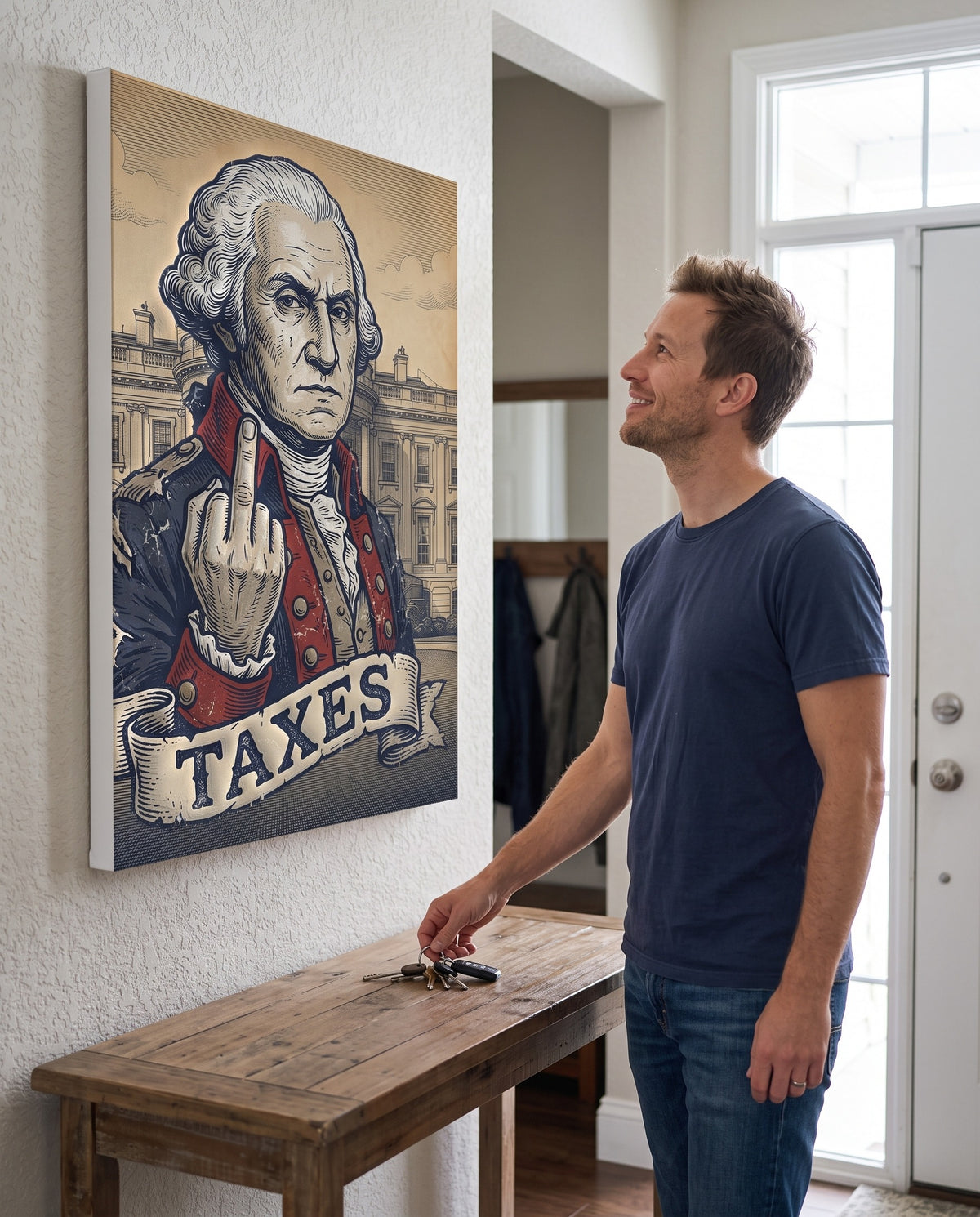 George Washington TAXES canvas hung above an entryway console table in morning light