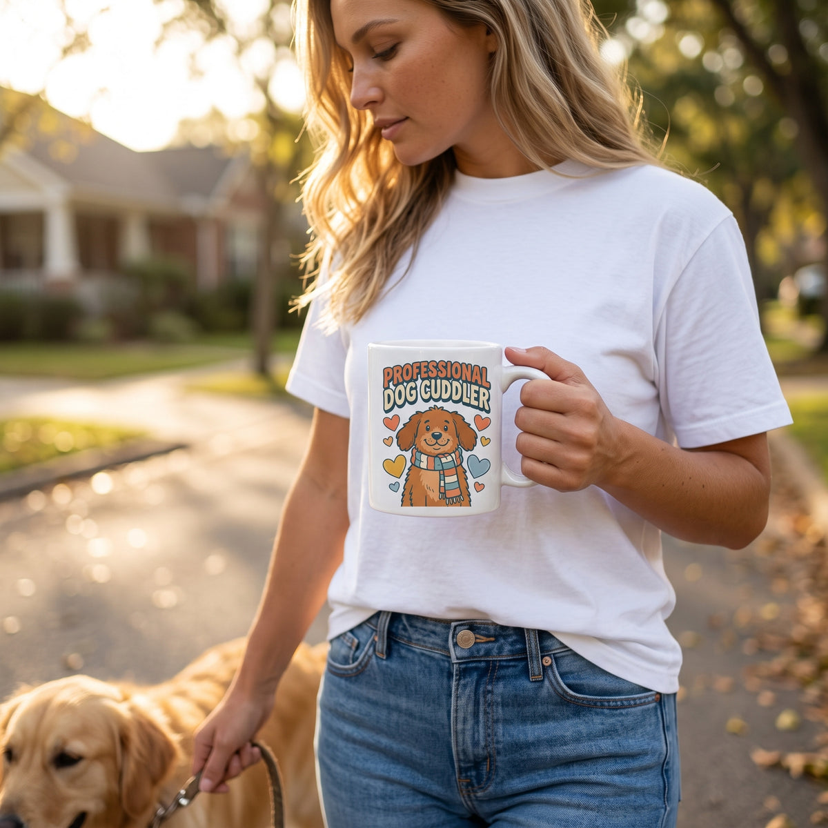 Professional Dog Cuddler 11oz ceramic mug, held by an approved model, close lifestyle photograph