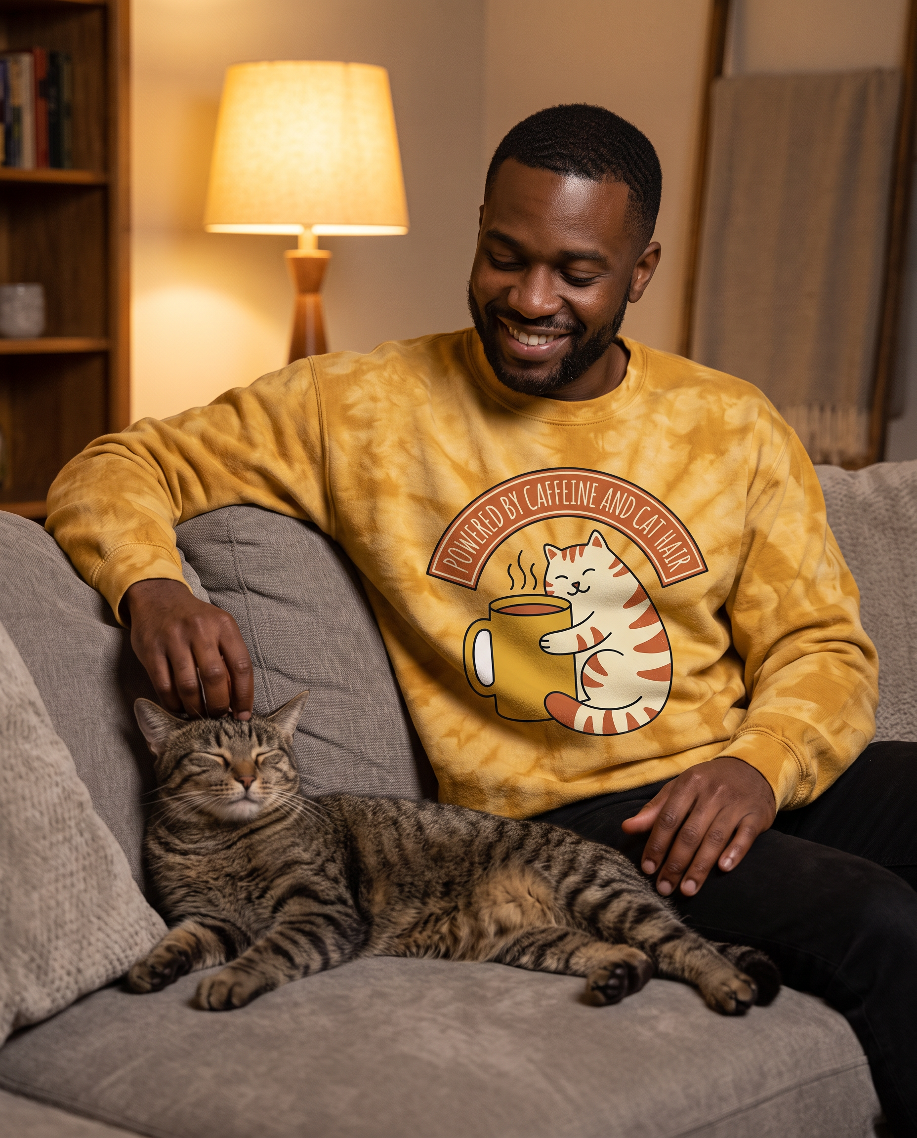 Man on a couch with a cat in the Cat Coffee Powered by Caffeine and Cat Hair crewneck sweatshirt in mustard tie dye, print fully legible